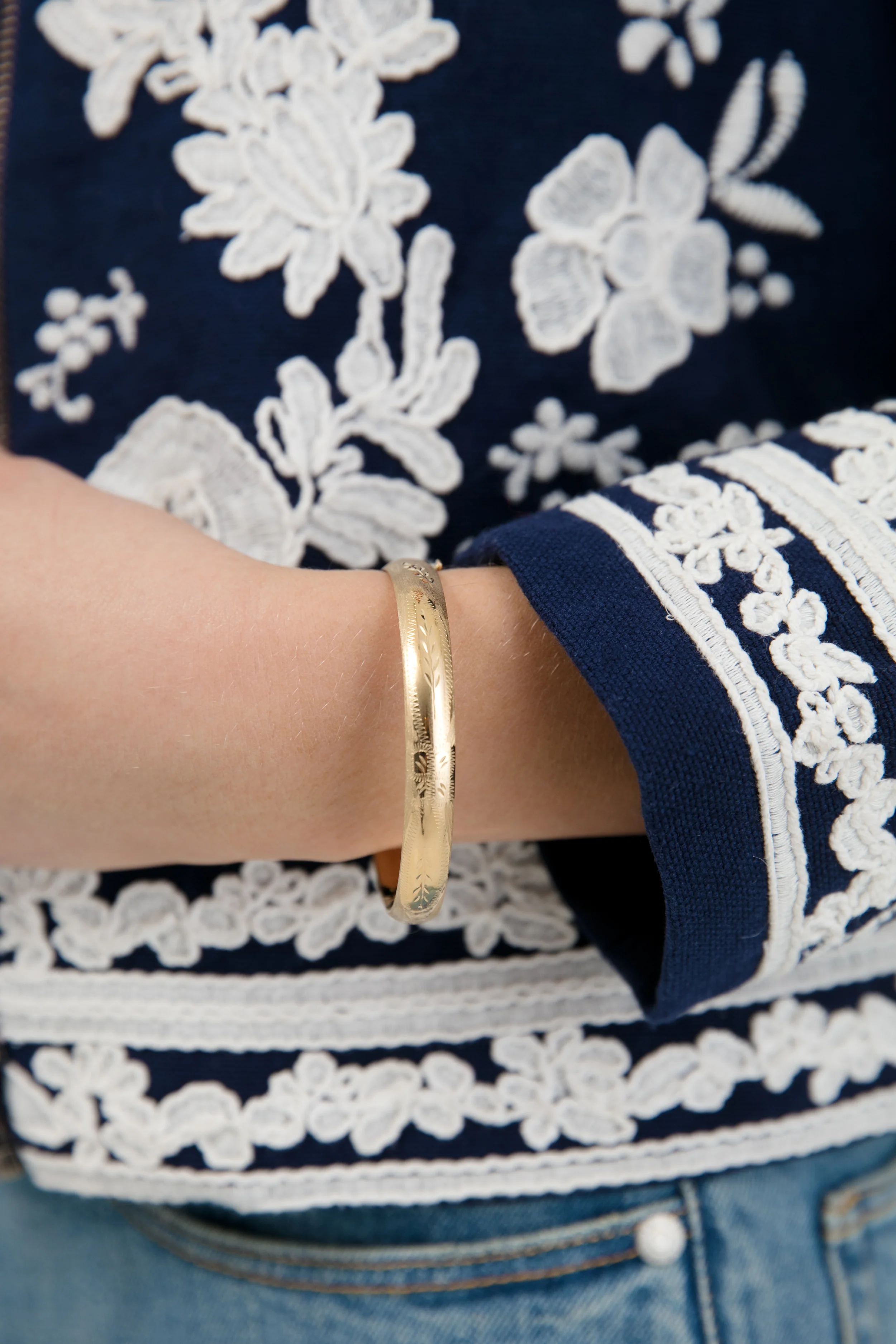 14k Yellow Gold Classic Etched Floral Bangle (.31"w) - Image 2