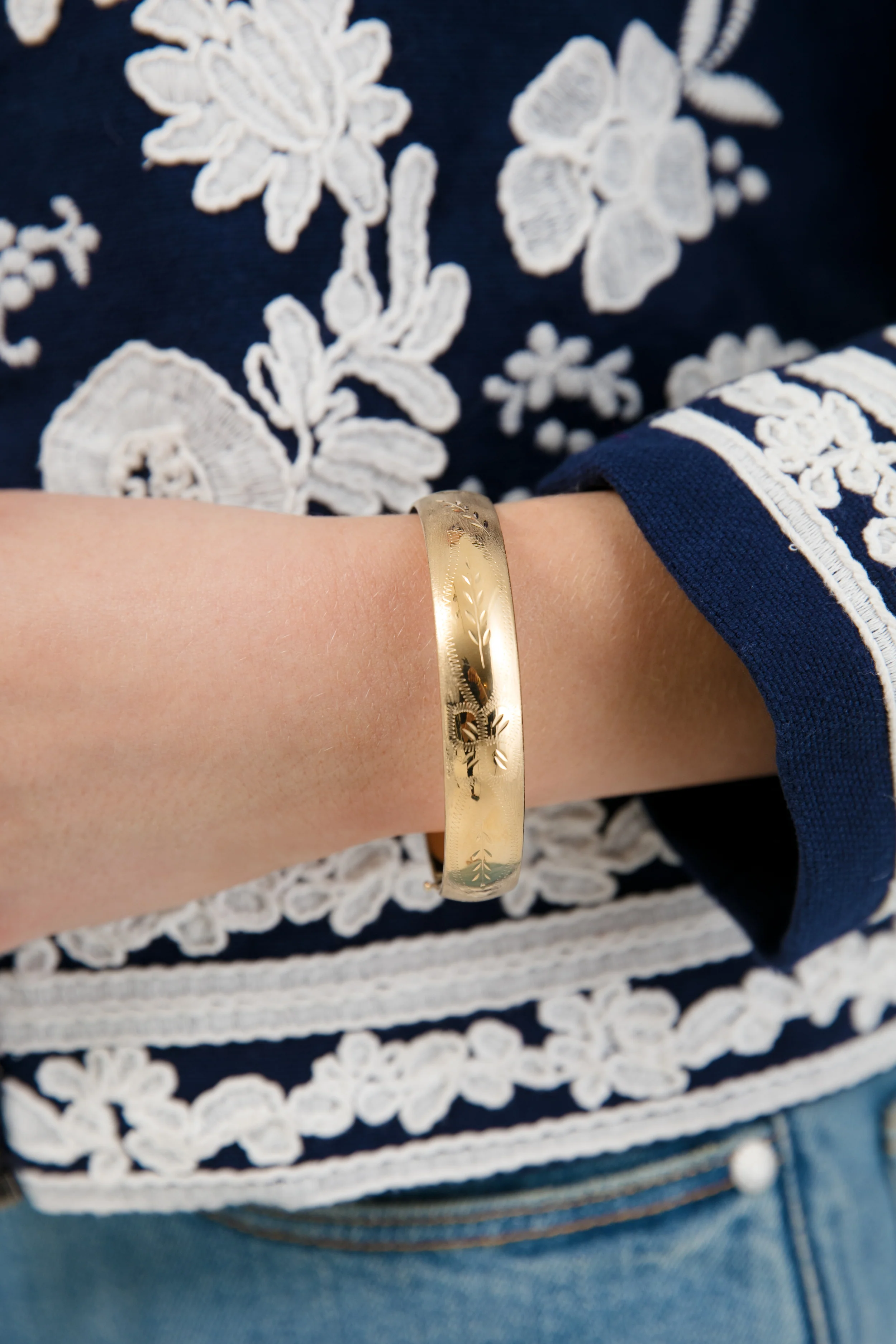 14k Yellow Gold Classic Etched Floral Bangle (.53"w) - Image 2