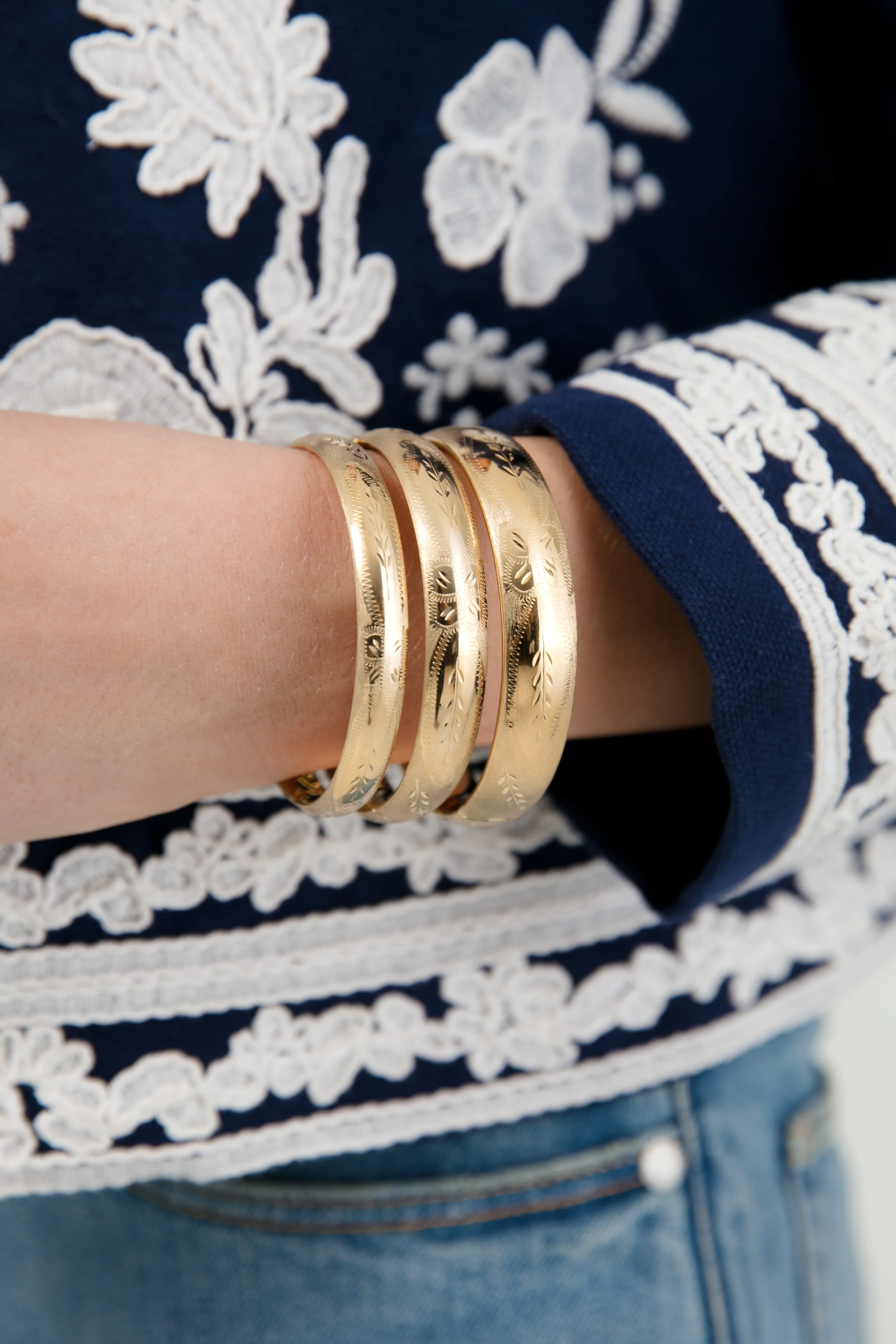 14k Yellow Gold Classic Etched Floral Bangle (.53"w) - Image 3