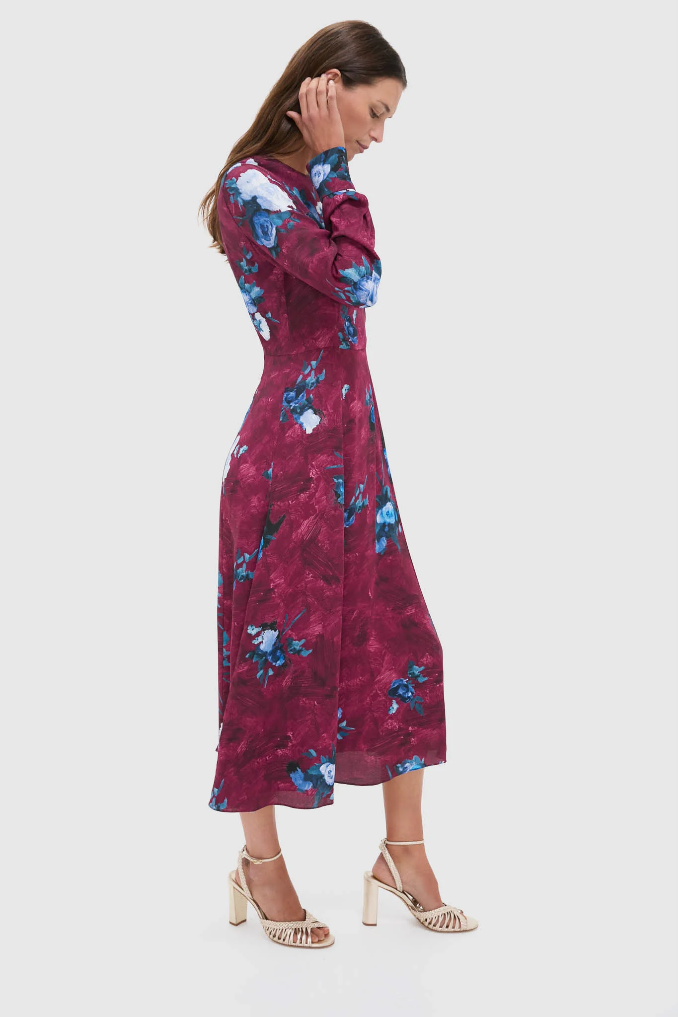 Abstract Rose Milberry Red Long Sleeve Midi Dress - Image 3