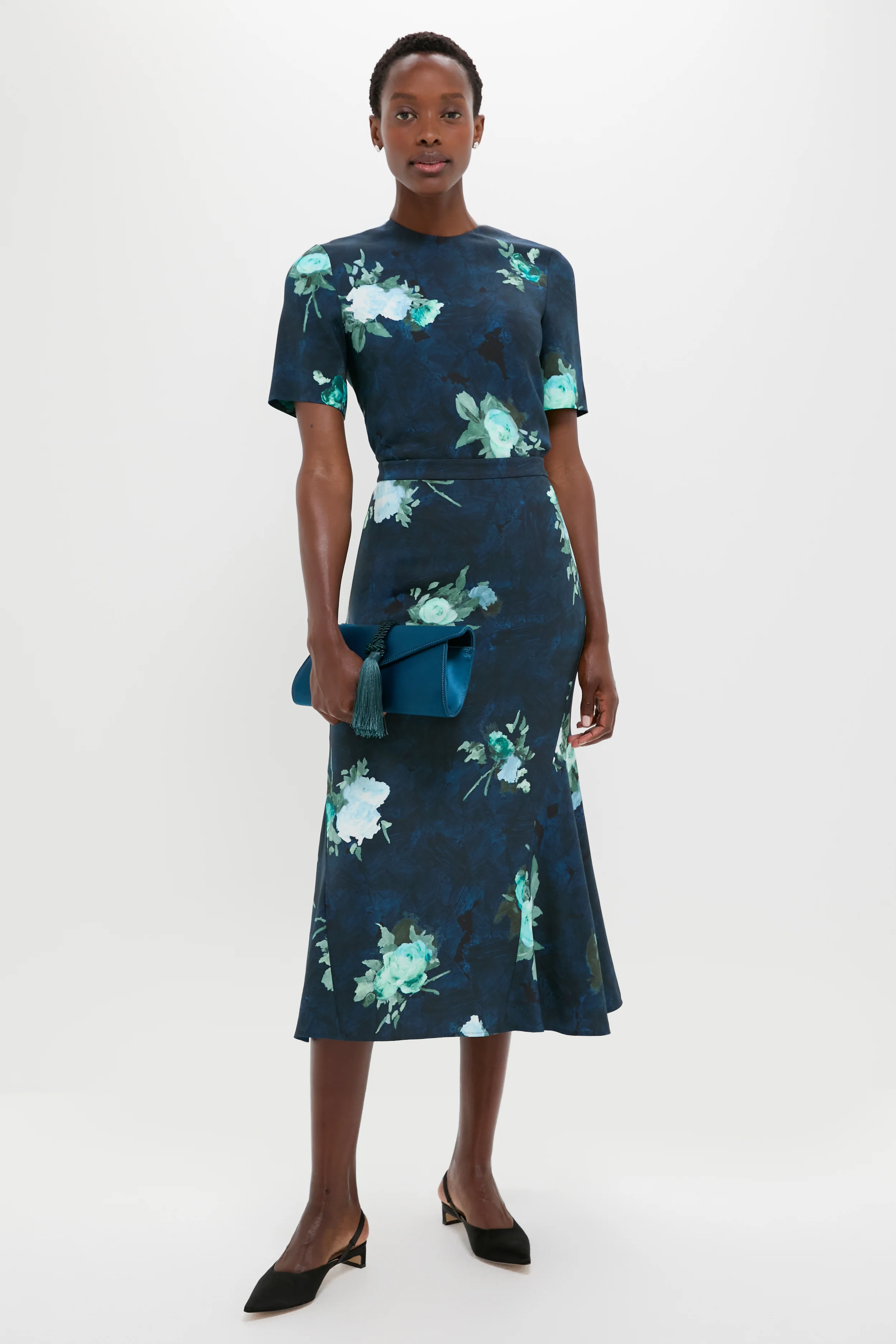 Abstract Rose Navy Fluted Midi Skirt - Image 2