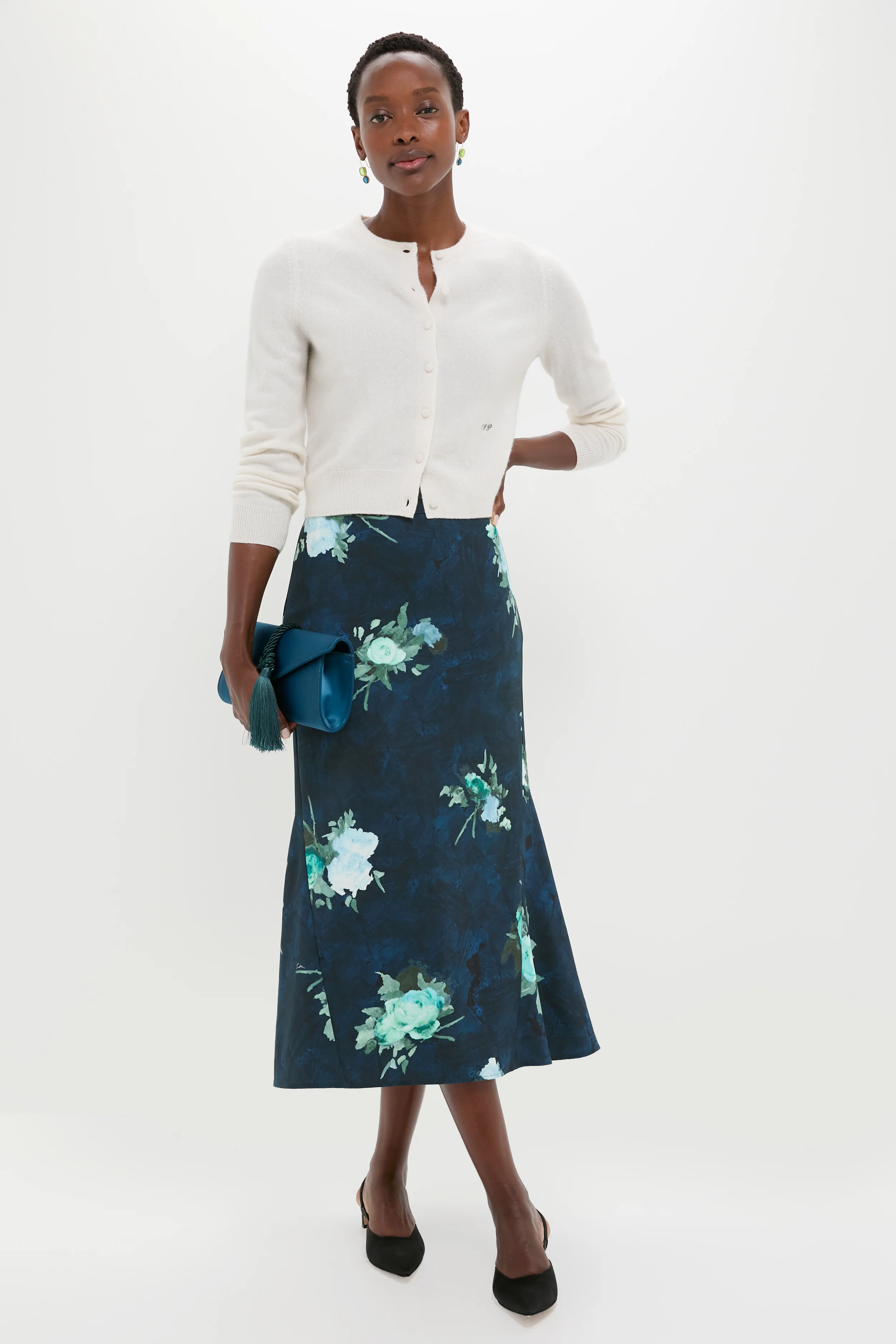 Abstract Rose Navy Fluted Midi Skirt - Image 6