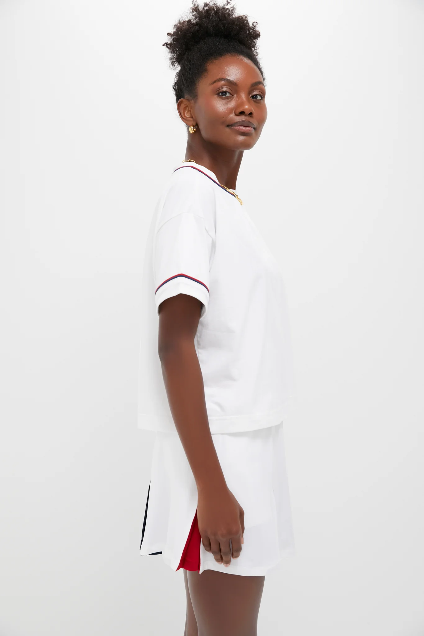 White Americana Piped Performance Cotton Cropped Ryan Boyfriend Tee - Image 3