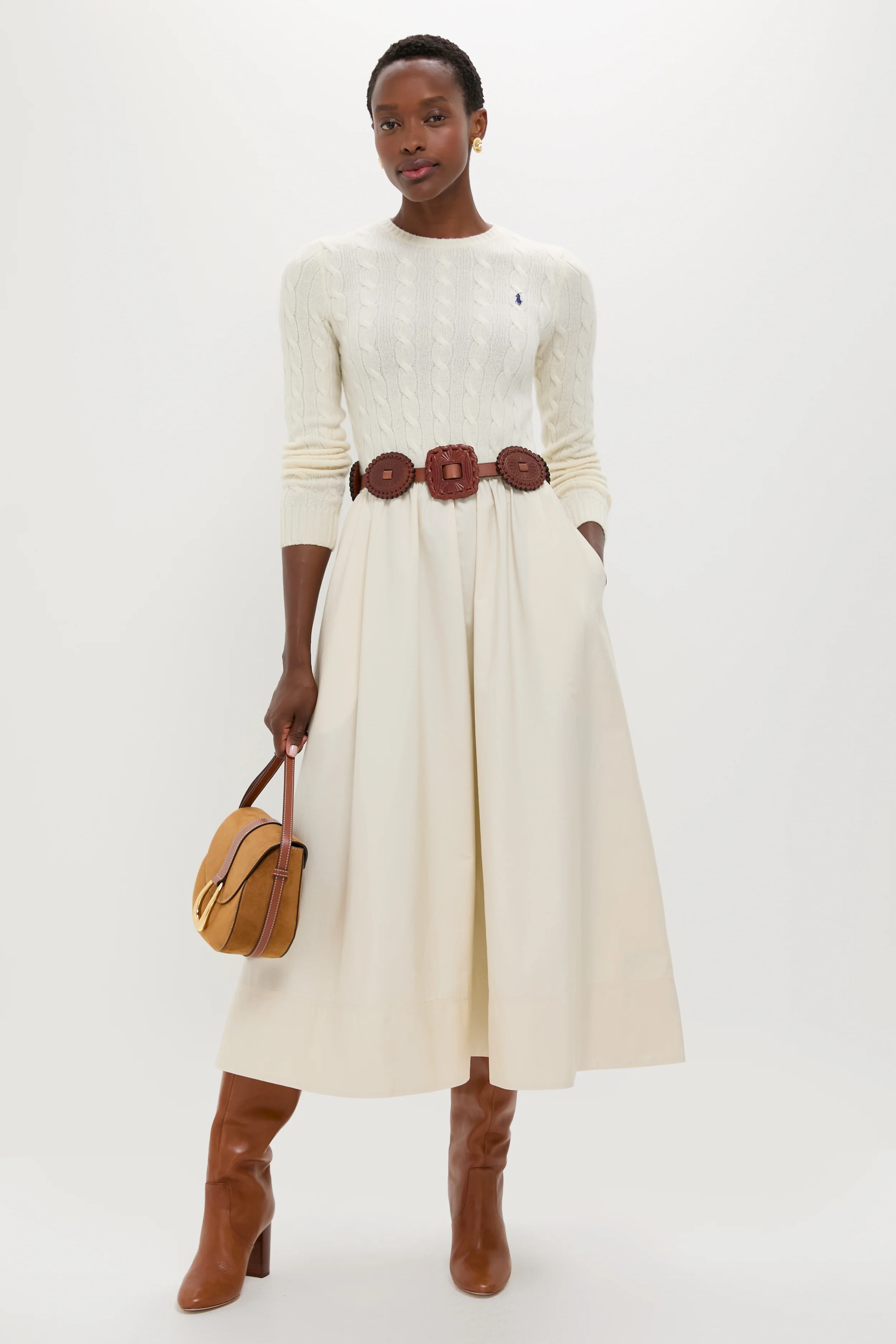 Authentic Cream Crewneck Long Sleeve Fit and Flare Dress - Image 2