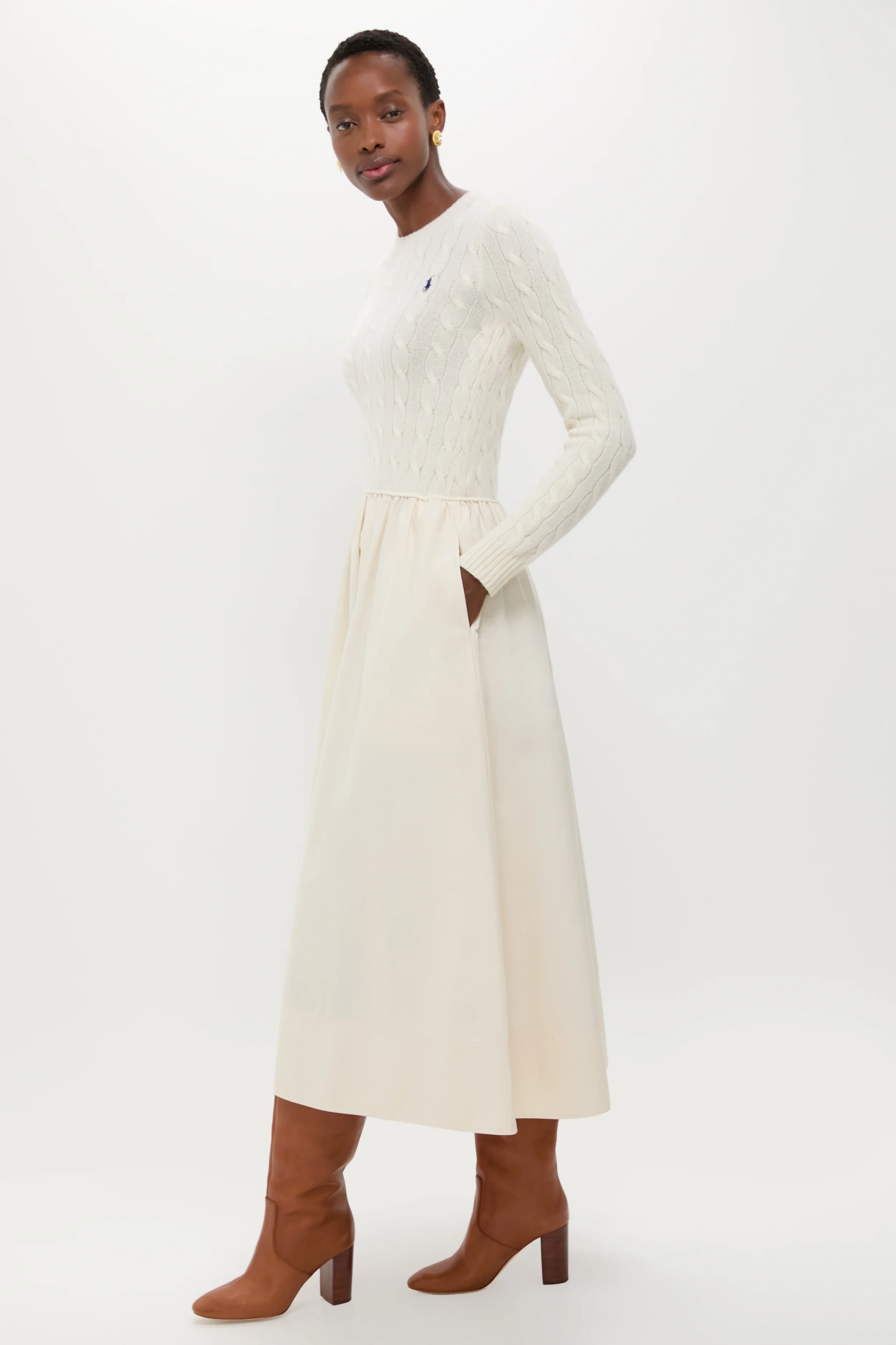 Authentic Cream Crewneck Long Sleeve Fit and Flare Dress - Image 5