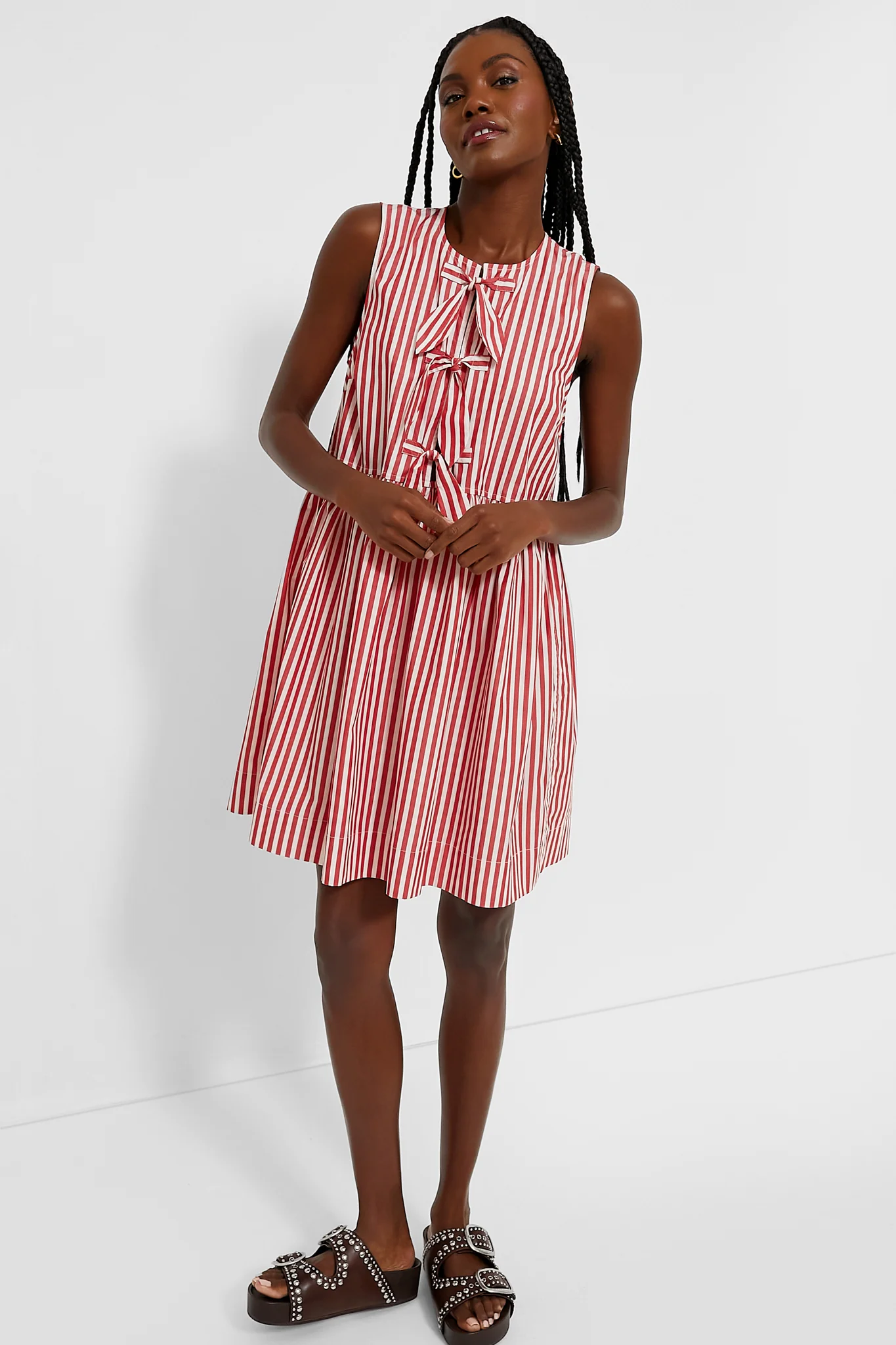 Barbados Cherry Stripe Cotton Mini Bow Tie Dress - Image 2