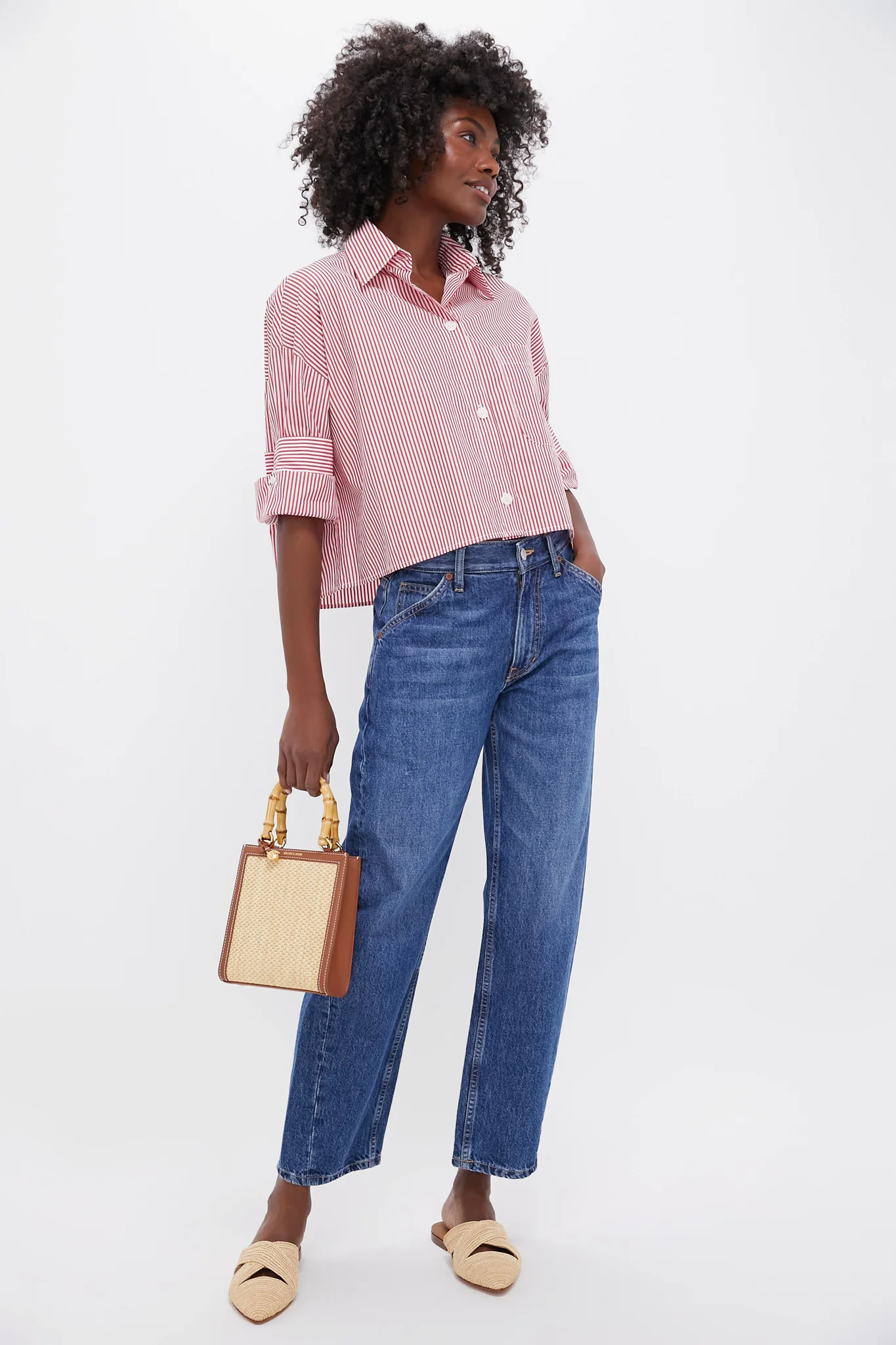 Beige and Hazelwood Small Raffia Bamboo Shopper - Image 3