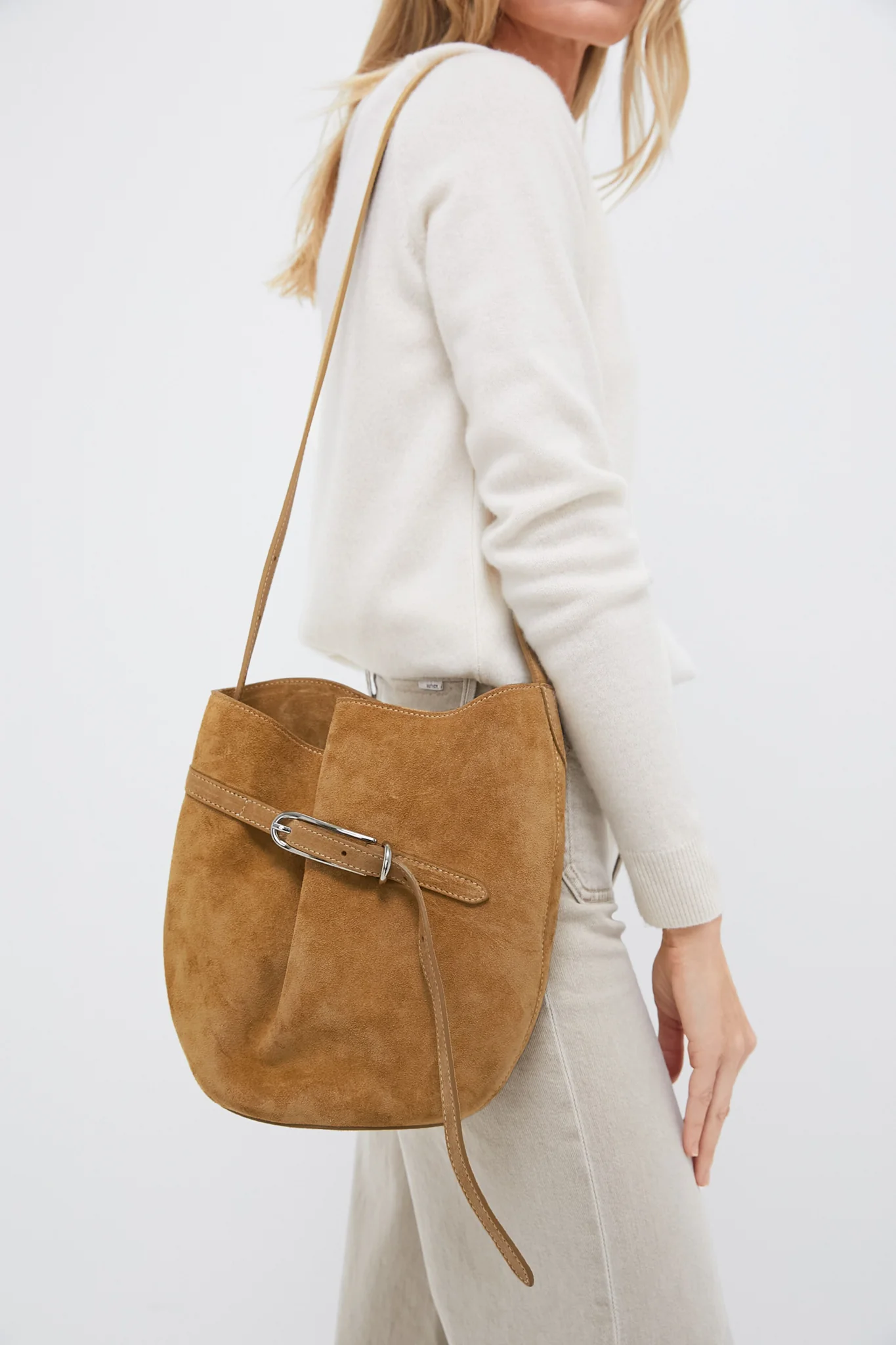 Beige Cow Suede Belted Bucket Bag - Image 2
