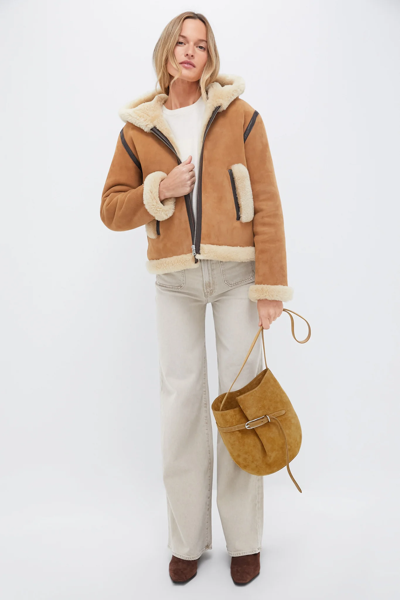 Beige Cow Suede Belted Bucket Bag - Image 3