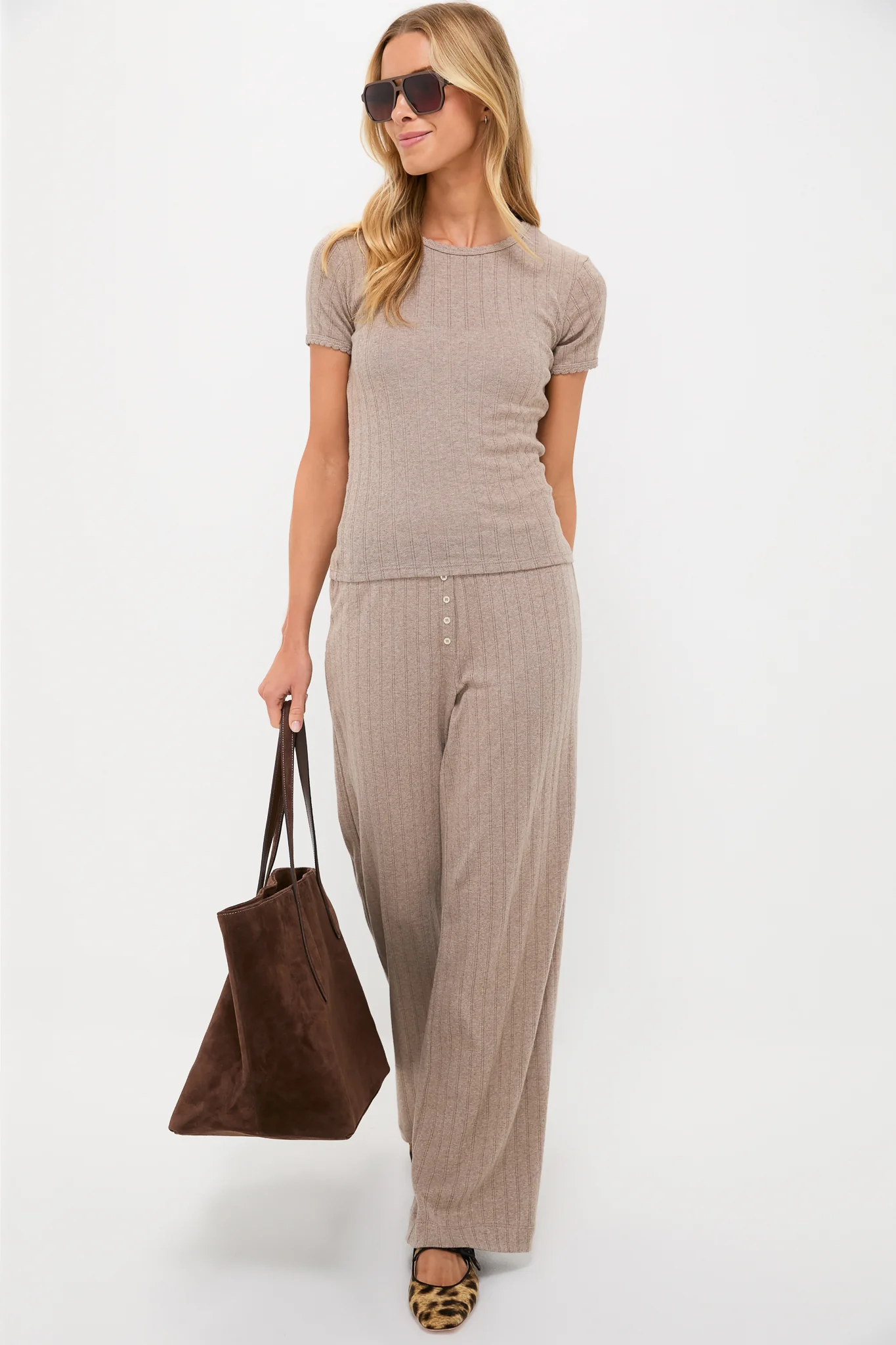 Beige Melange Pointelle Slim Fit Tee - Image 2