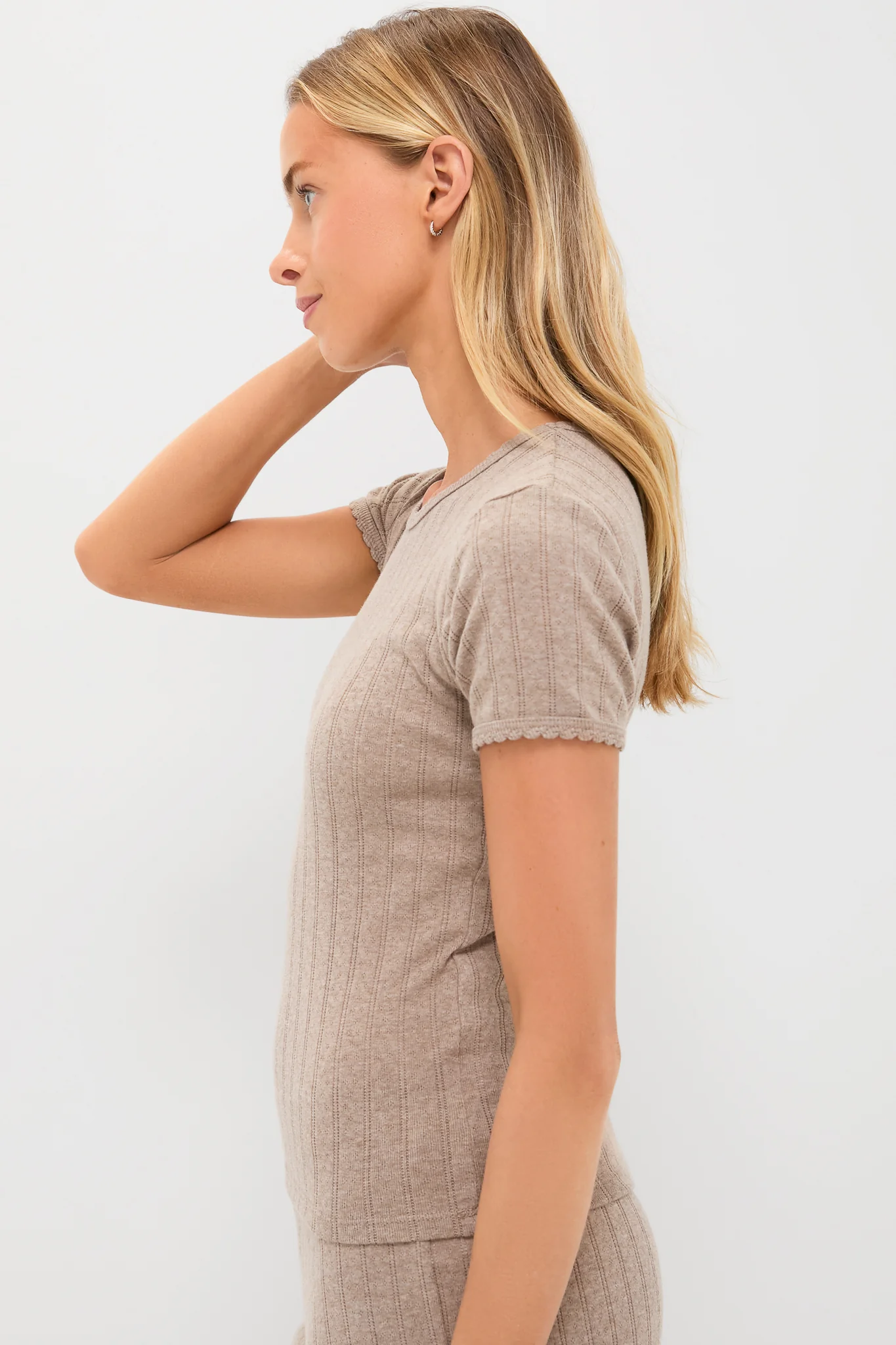 Beige Melange Pointelle Slim Fit Tee - Image 3
