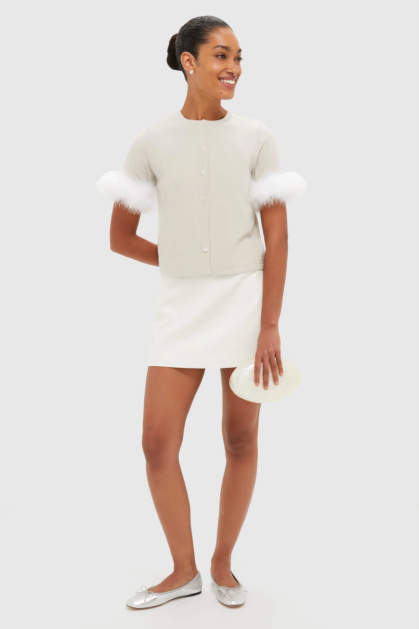 Beige Miss Kitty Short Sleeve Cardigan with Detachable Feathers - Image 2