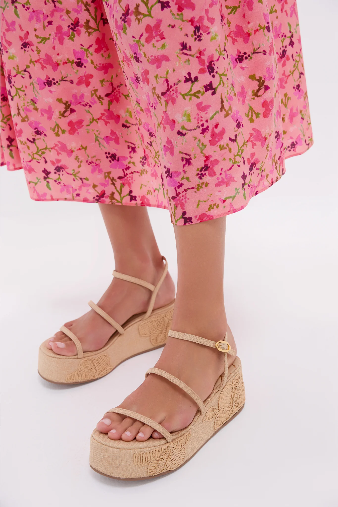 Beige Raffia with Hibiscus Embroidery Gio Platform Sandals - Image 2