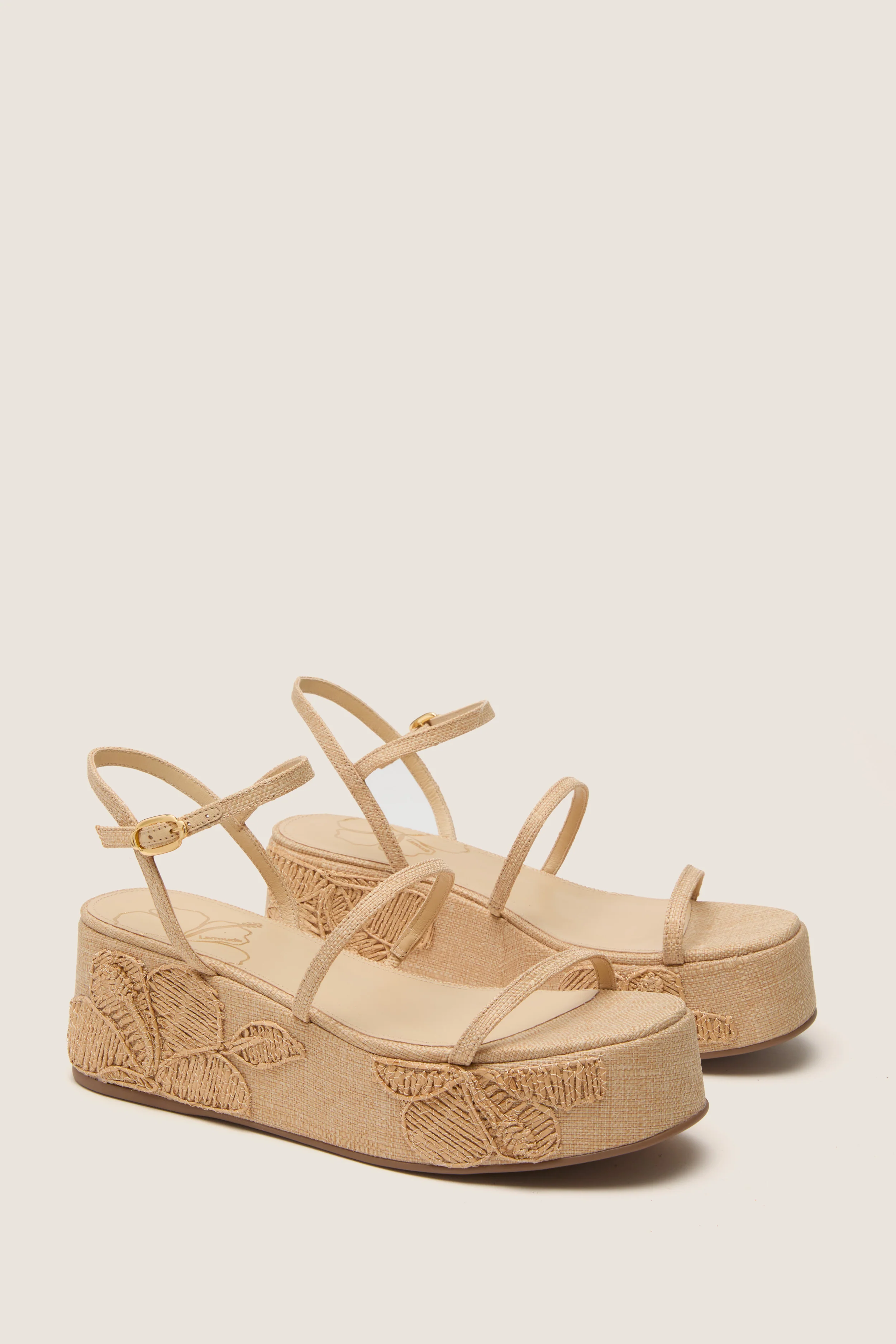 Beige Raffia with Hibiscus Embroidery Gio Platform Sandals - Image 4