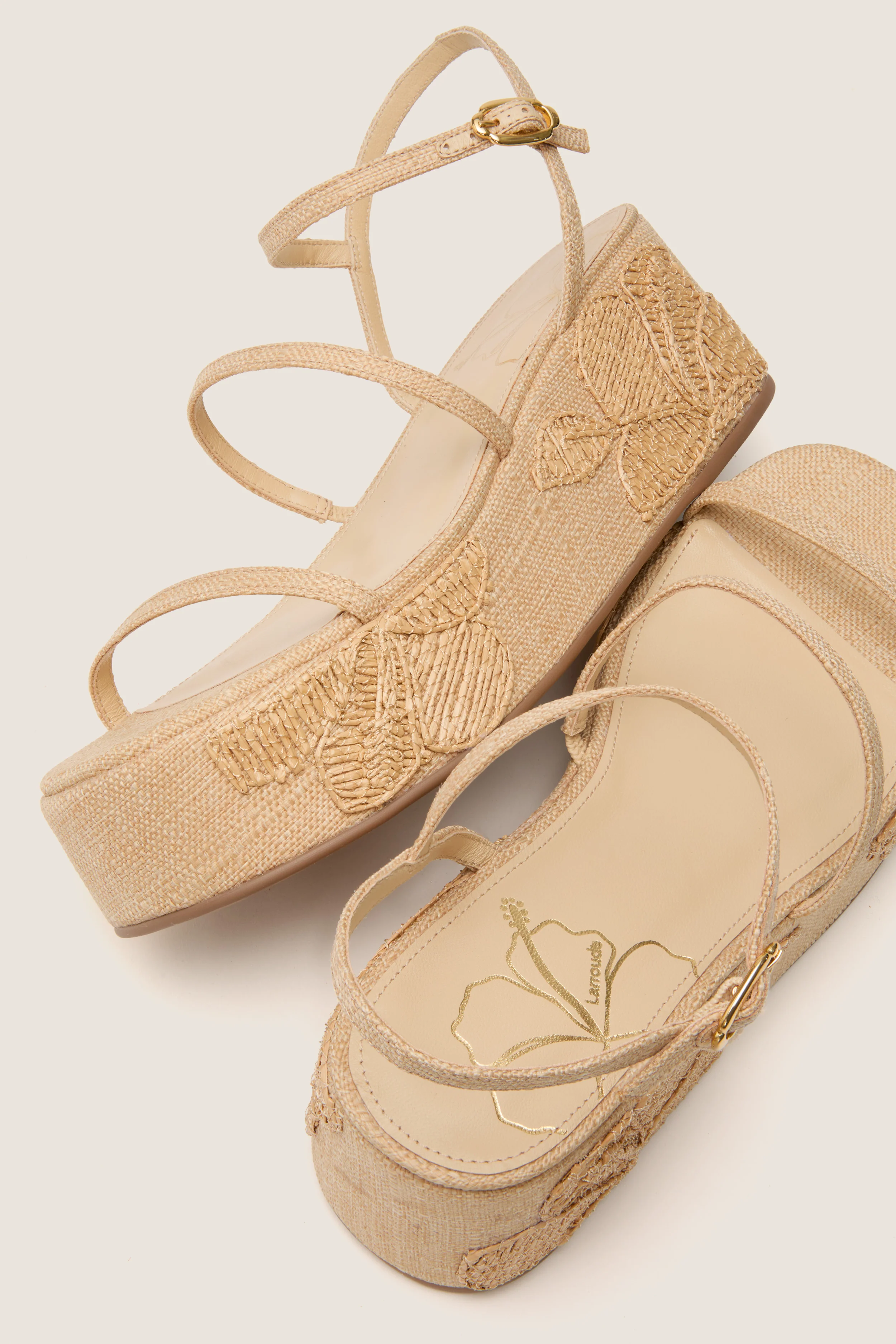 Beige Raffia with Hibiscus Embroidery Gio Platform Sandals - Image 5