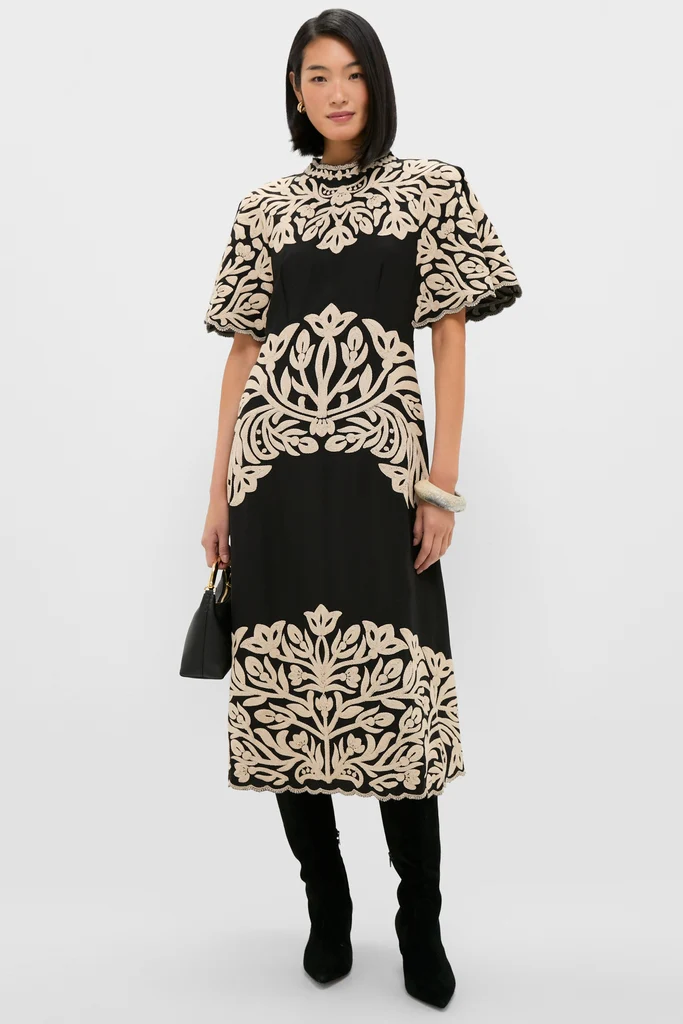 Black Alexandra Embroidery Short Sleeve Midi Dress - Image 2