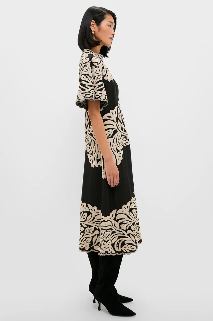 Black Alexandra Embroidery Short Sleeve Midi Dress - Image 3