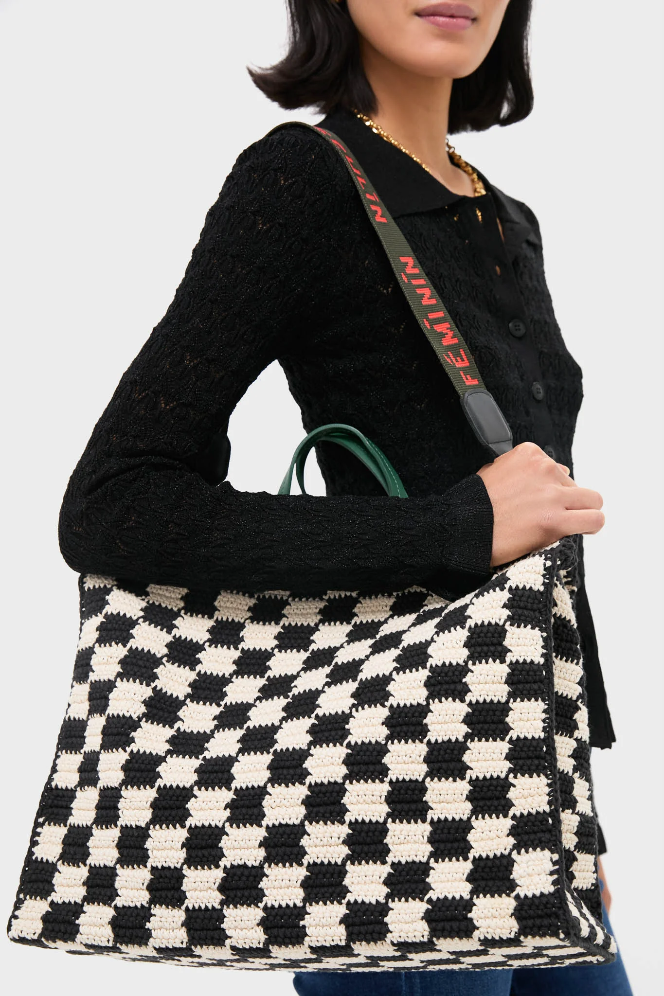 Black and Cream Crochet Checker Summer Simple Tote - Image 2