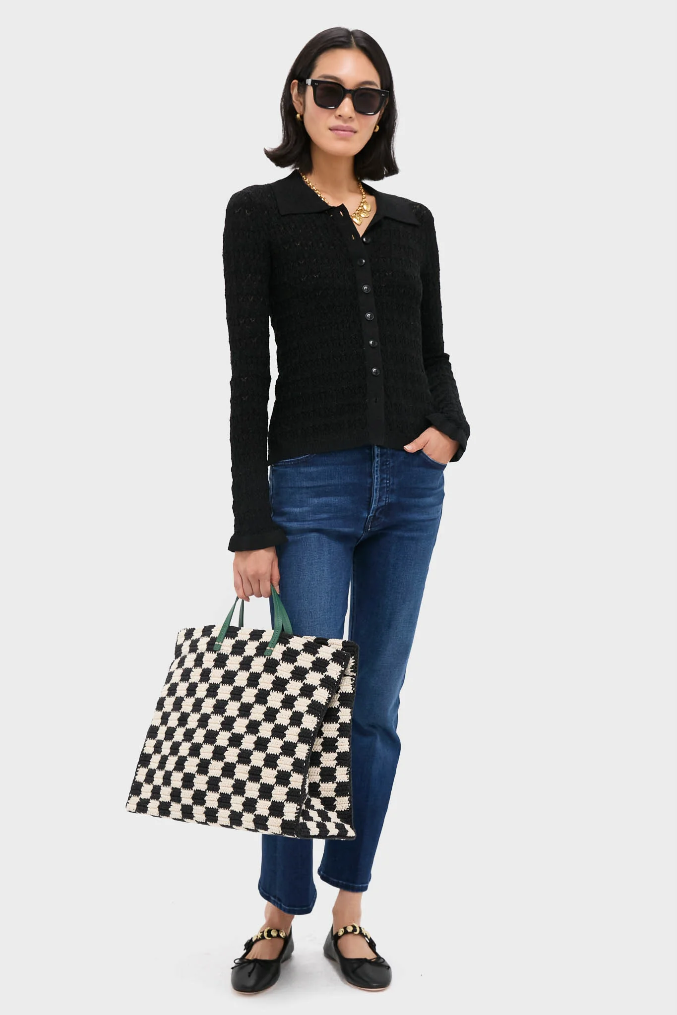 Black and Cream Crochet Checker Summer Simple Tote - Image 3
