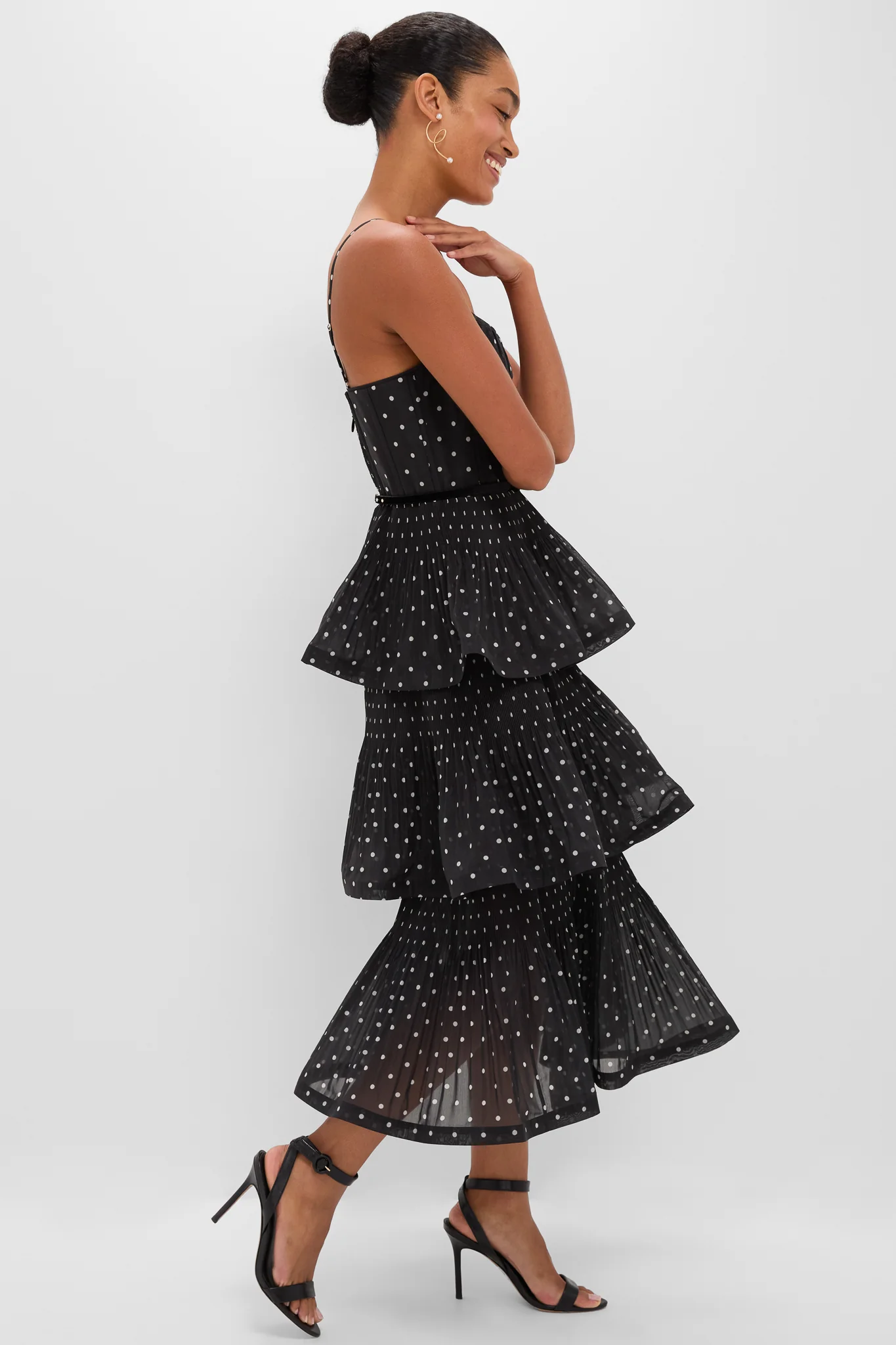 Black and Cream Polka Dot Pleated Tiered Midi Dress - Image 3