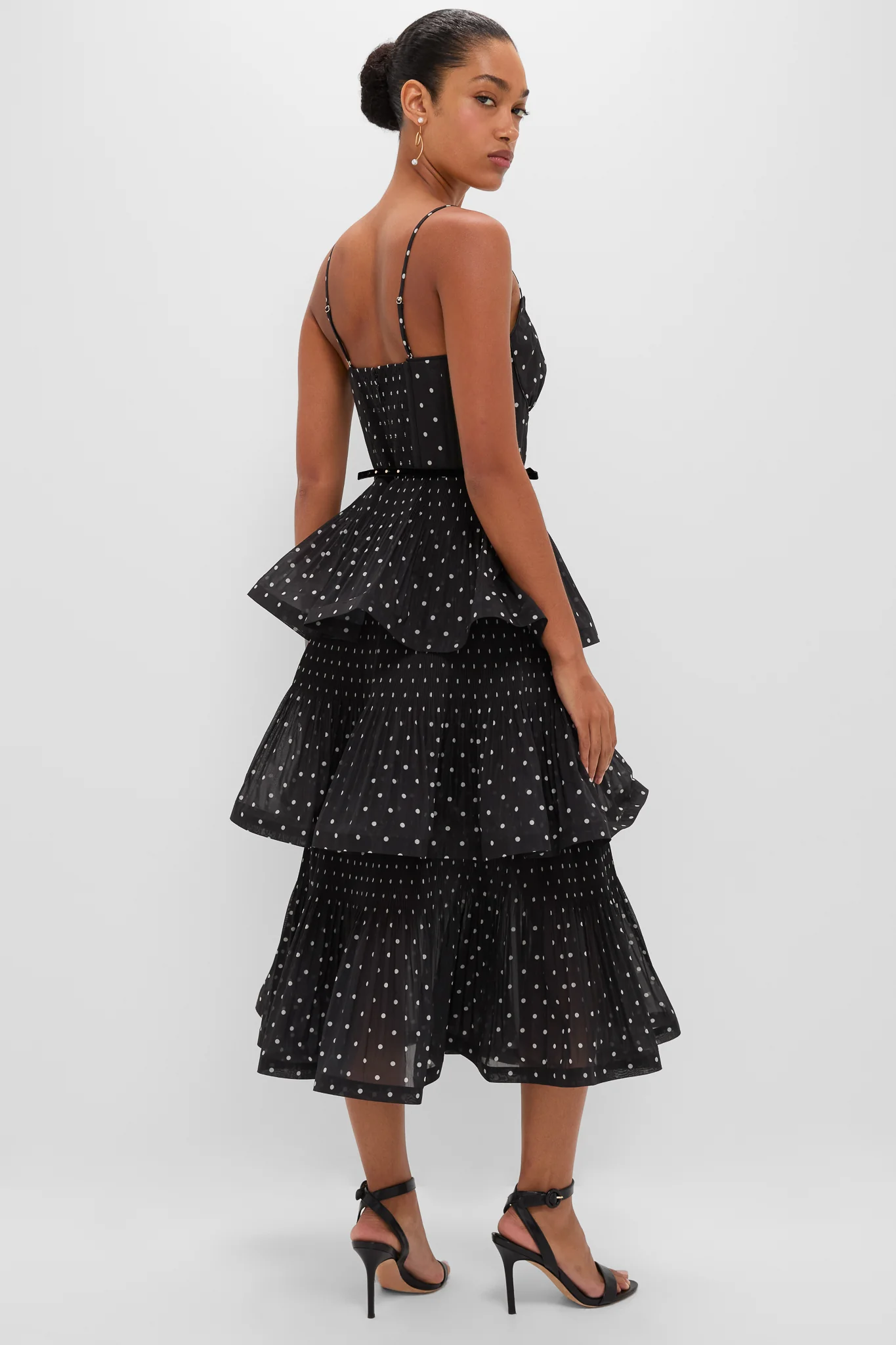 Black and Cream Polka Dot Pleated Tiered Midi Dress - Image 4