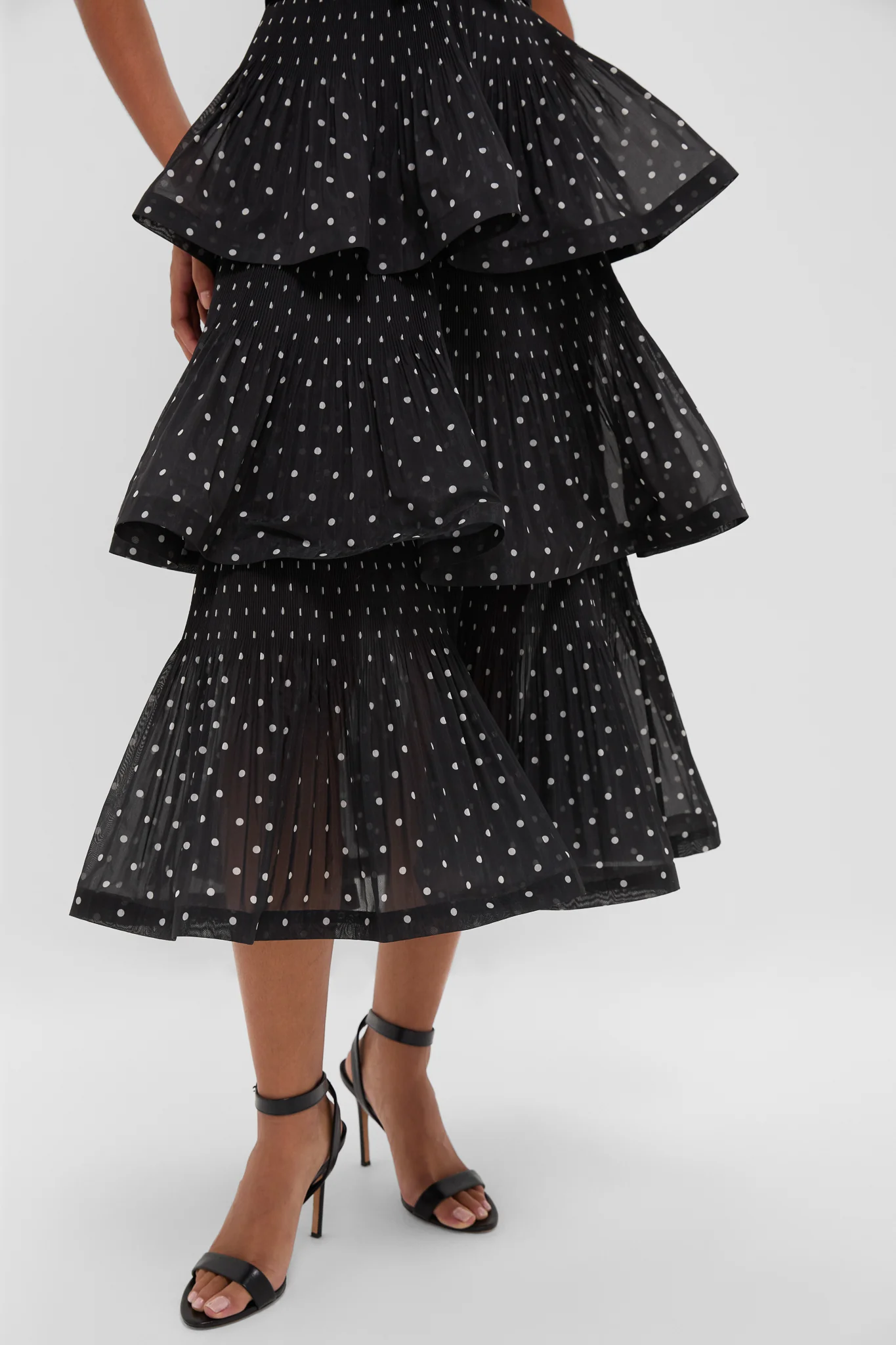 Black and Cream Polka Dot Pleated Tiered Midi Dress - Image 5