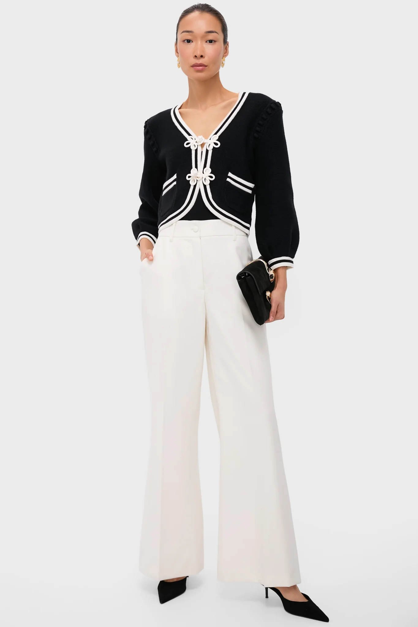 Black and Ivory Kaito Contrast Trim Crop Cardi - Image 2