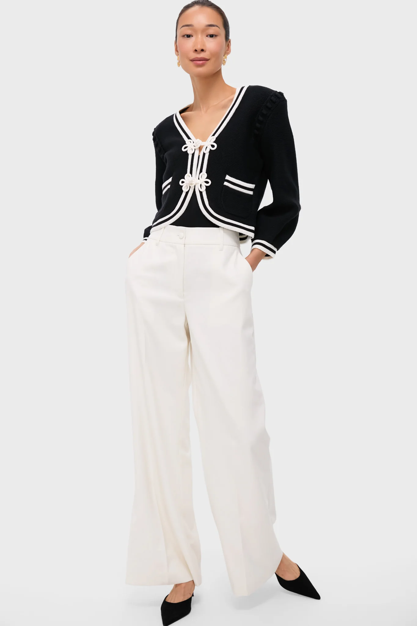 Black and Ivory Kaito Contrast Trim Crop Cardi - Image 6