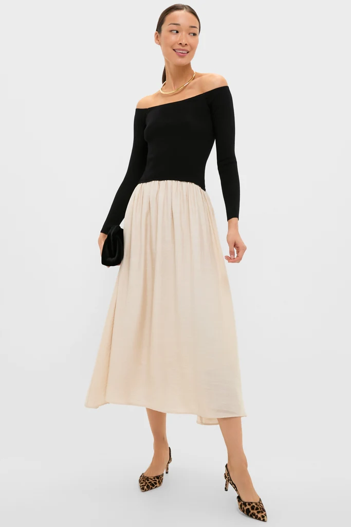 Black and Ivory Off Shoulder Maxi Dress - Image 2