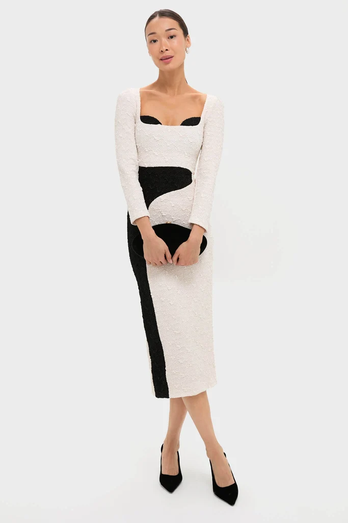 Black and Ivory Paloma Long Sleeve Midi Dress - Image 2