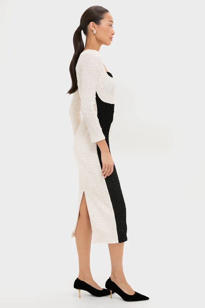 Black and Ivory Paloma Long Sleeve Midi Dress - Image 3
