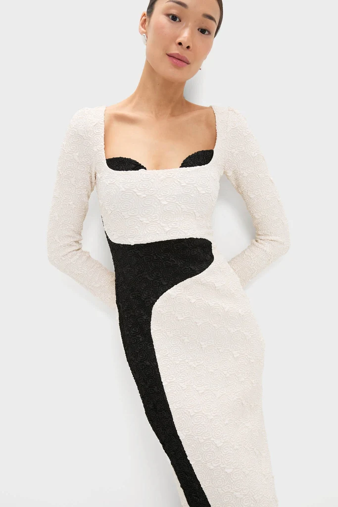 Black and Ivory Paloma Long Sleeve Midi Dress - Image 5