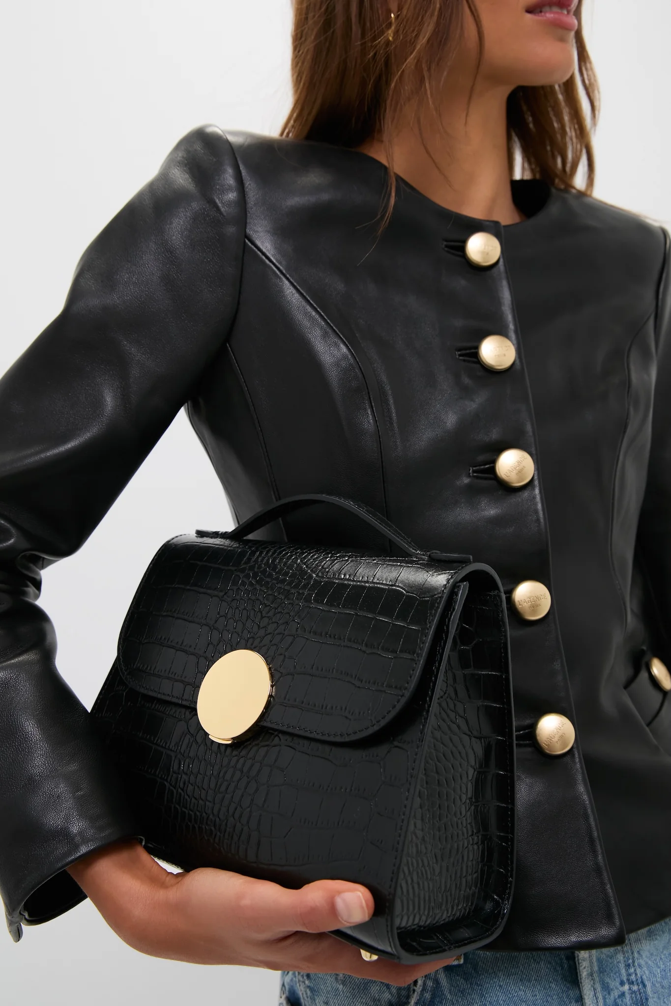 Black Bombo Croco Top Handle Satchel Bag - Image 4