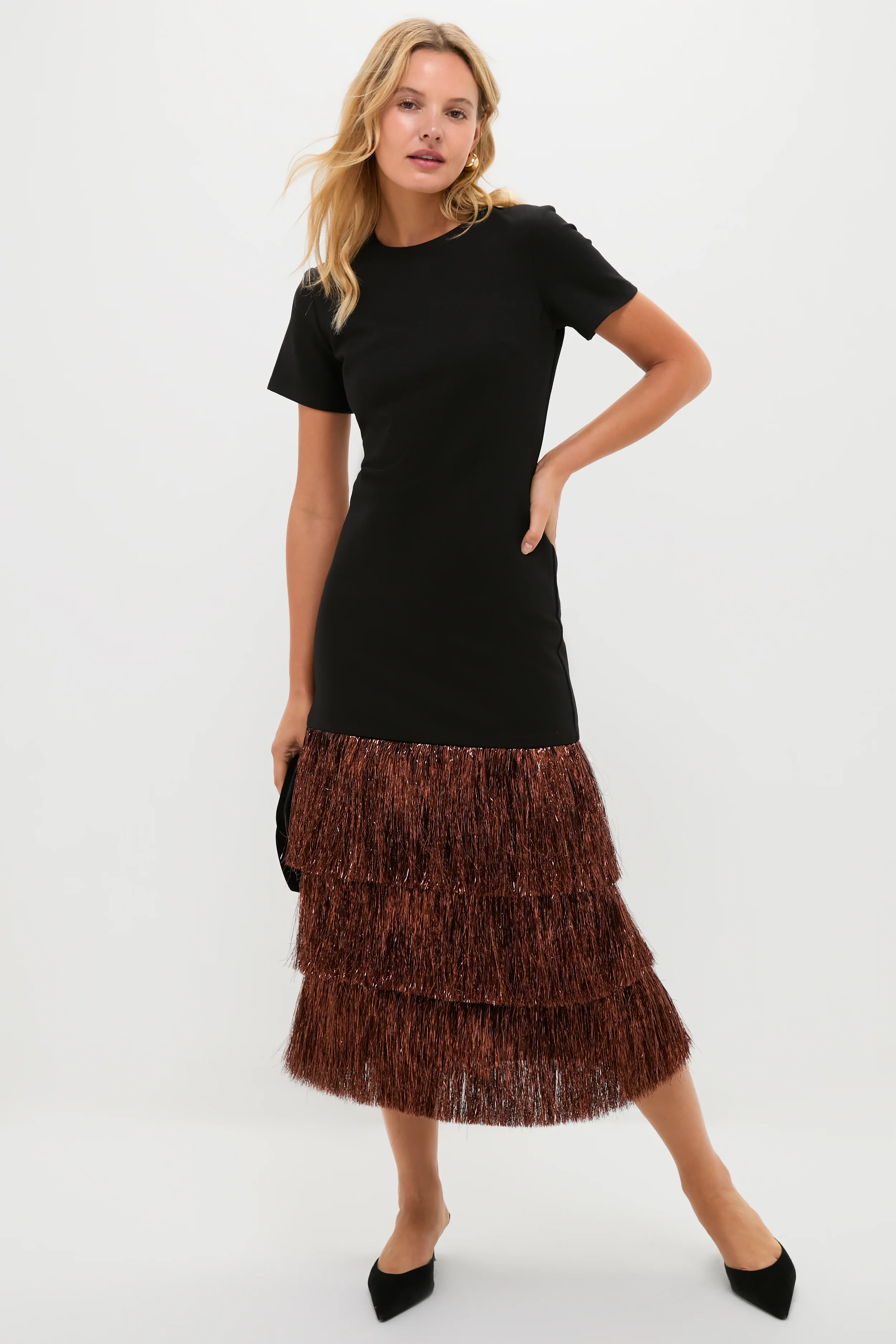 Black & Bronze Metallic Fringe Francie Short Sleeve Maxi Dress - Image 4