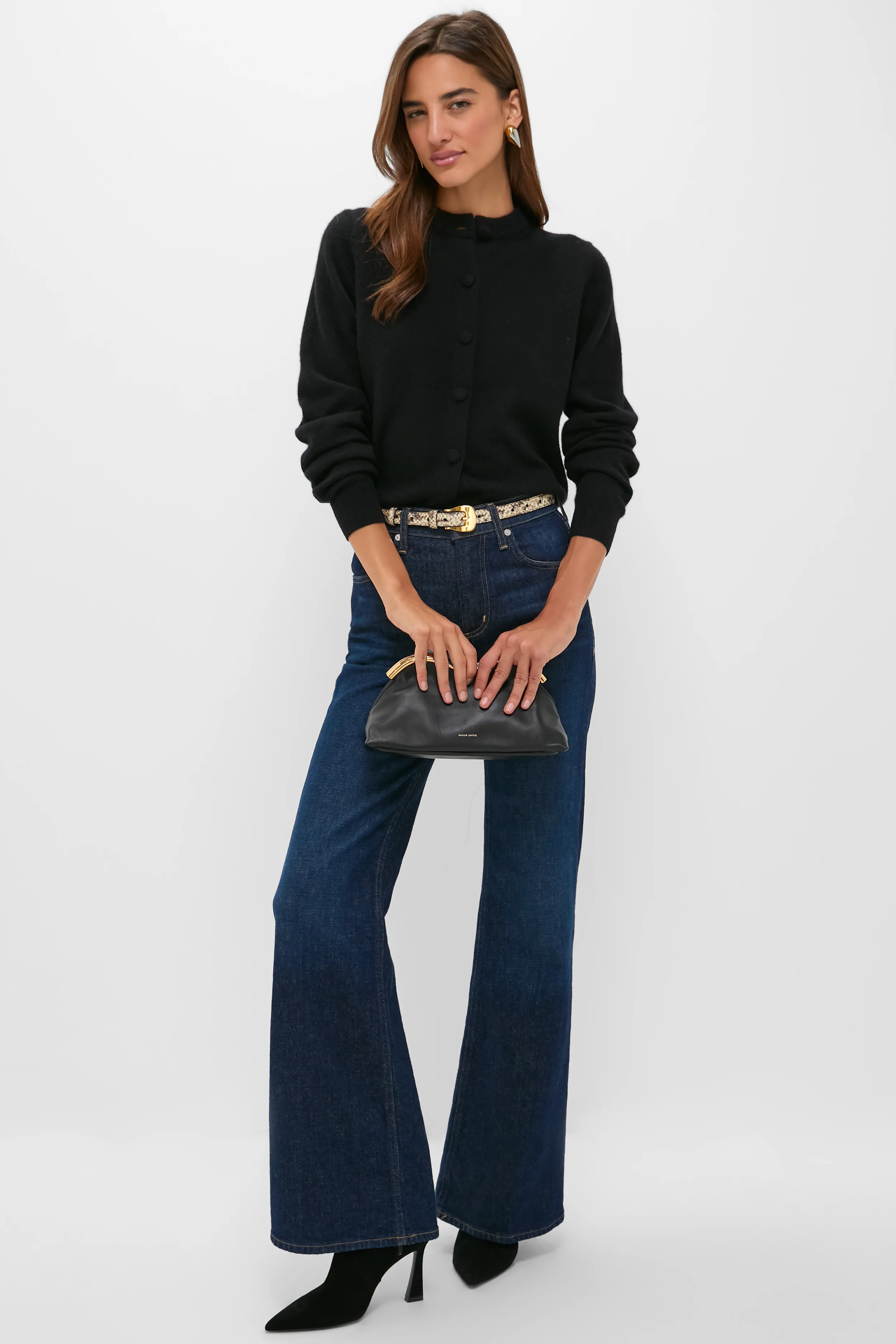 Black Cashmere Covered Button Quinn Cardigan - Image 2