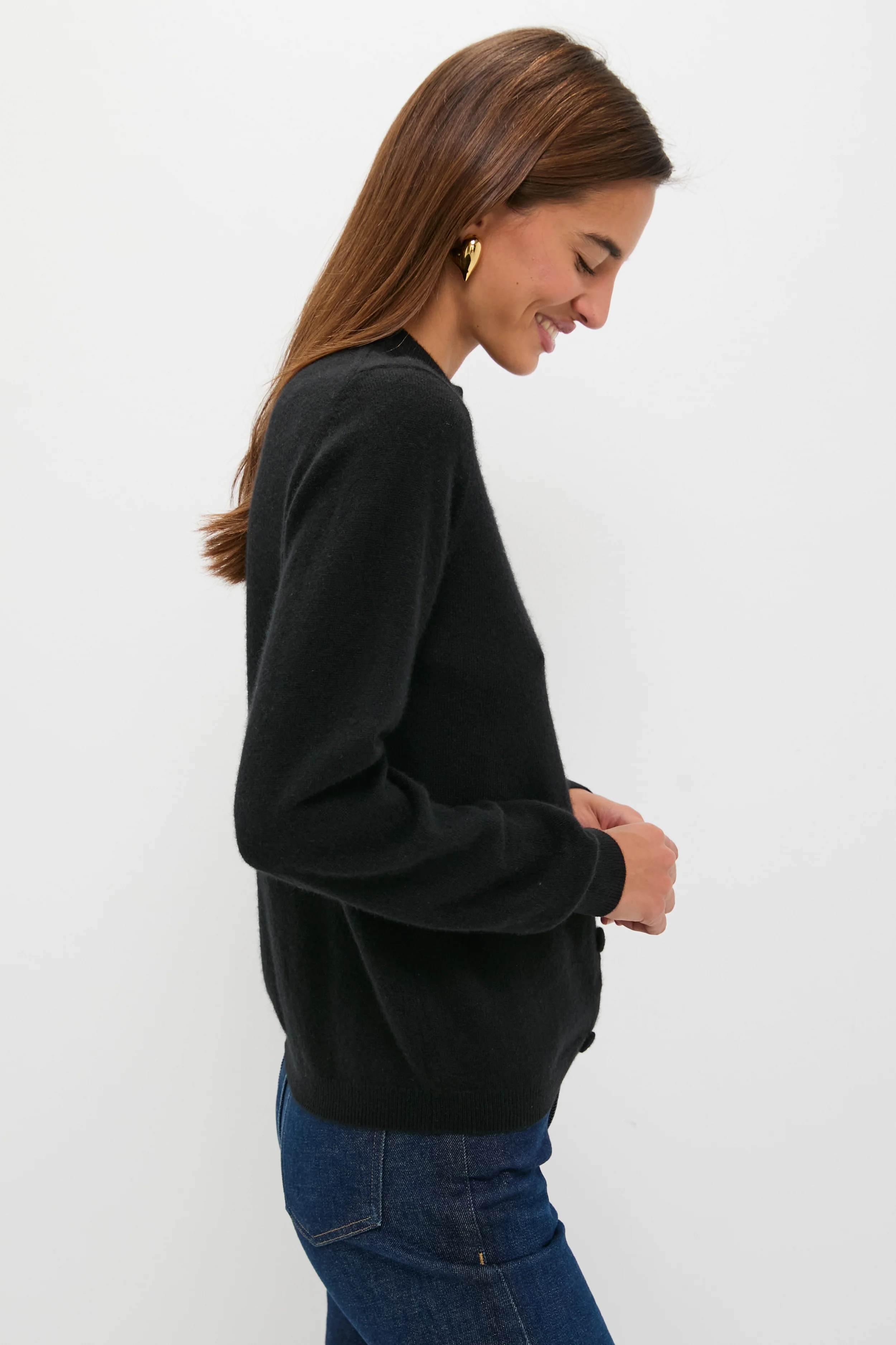 Black Cashmere Covered Button Quinn Cardigan - Image 3