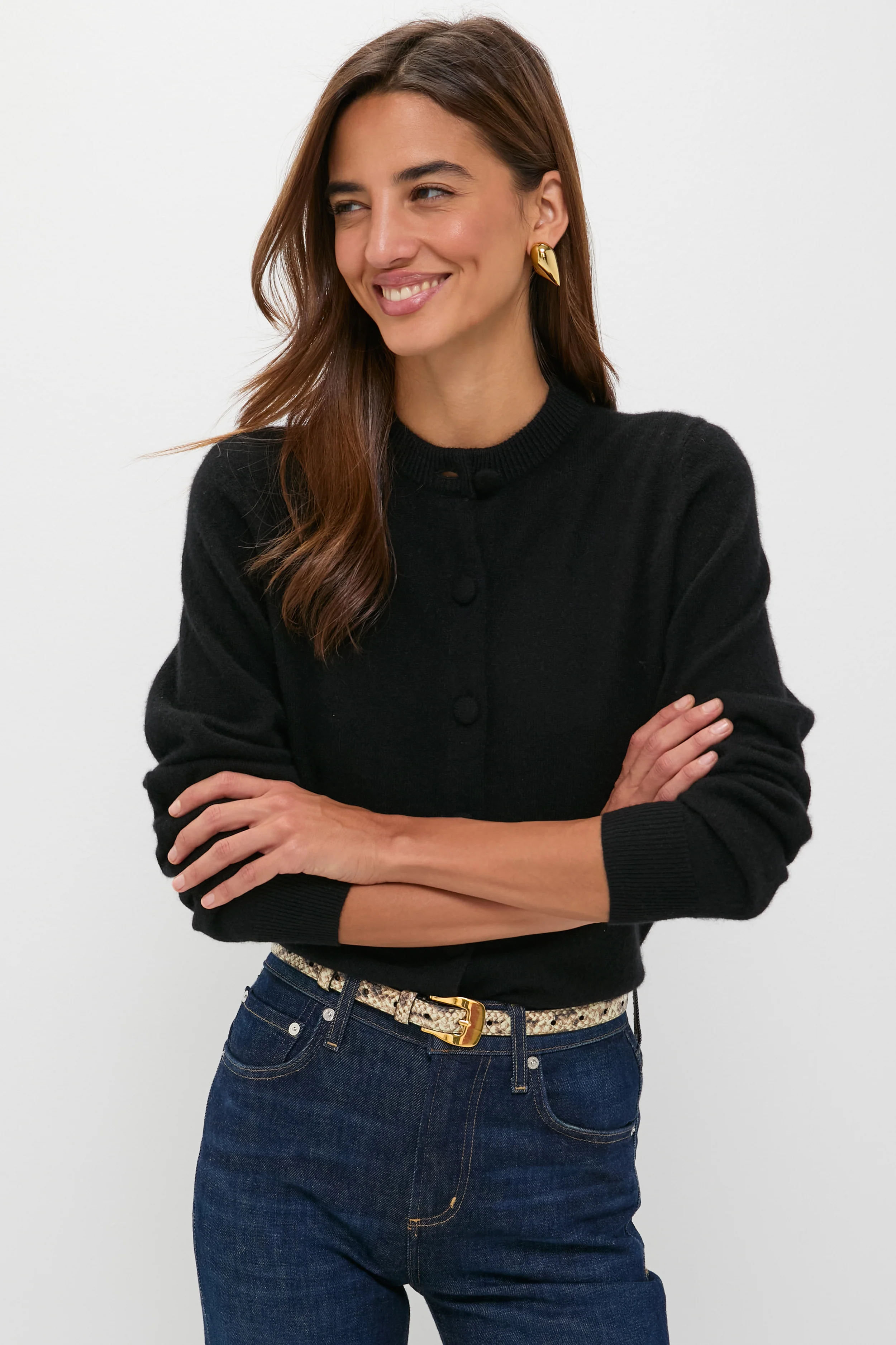 Black Cashmere Covered Button Quinn Cardigan - Image 6