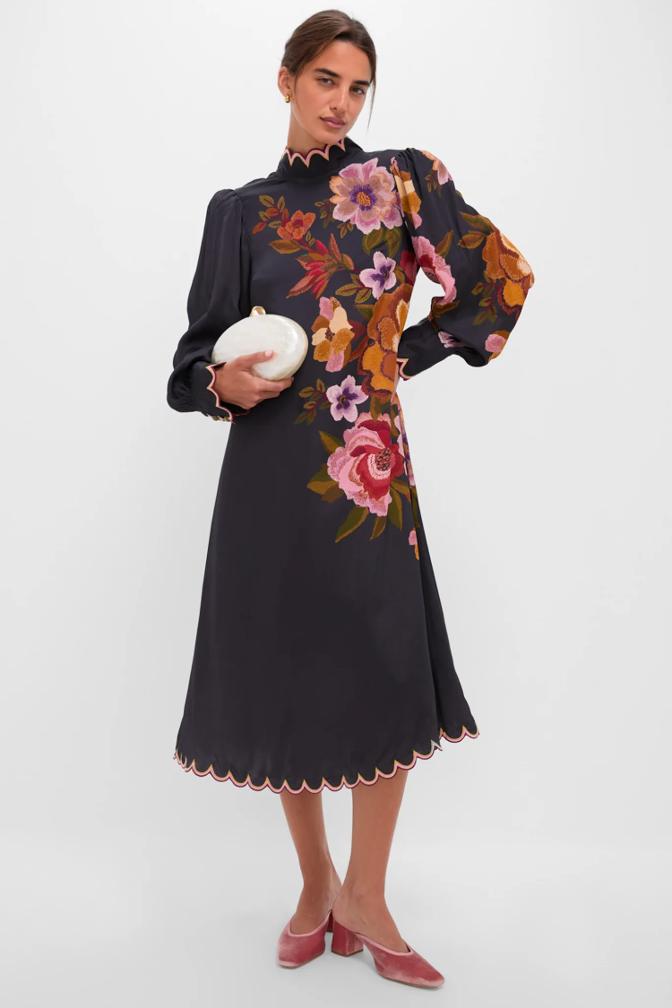 Black Chenille Flowers Midi Dress - Image 2