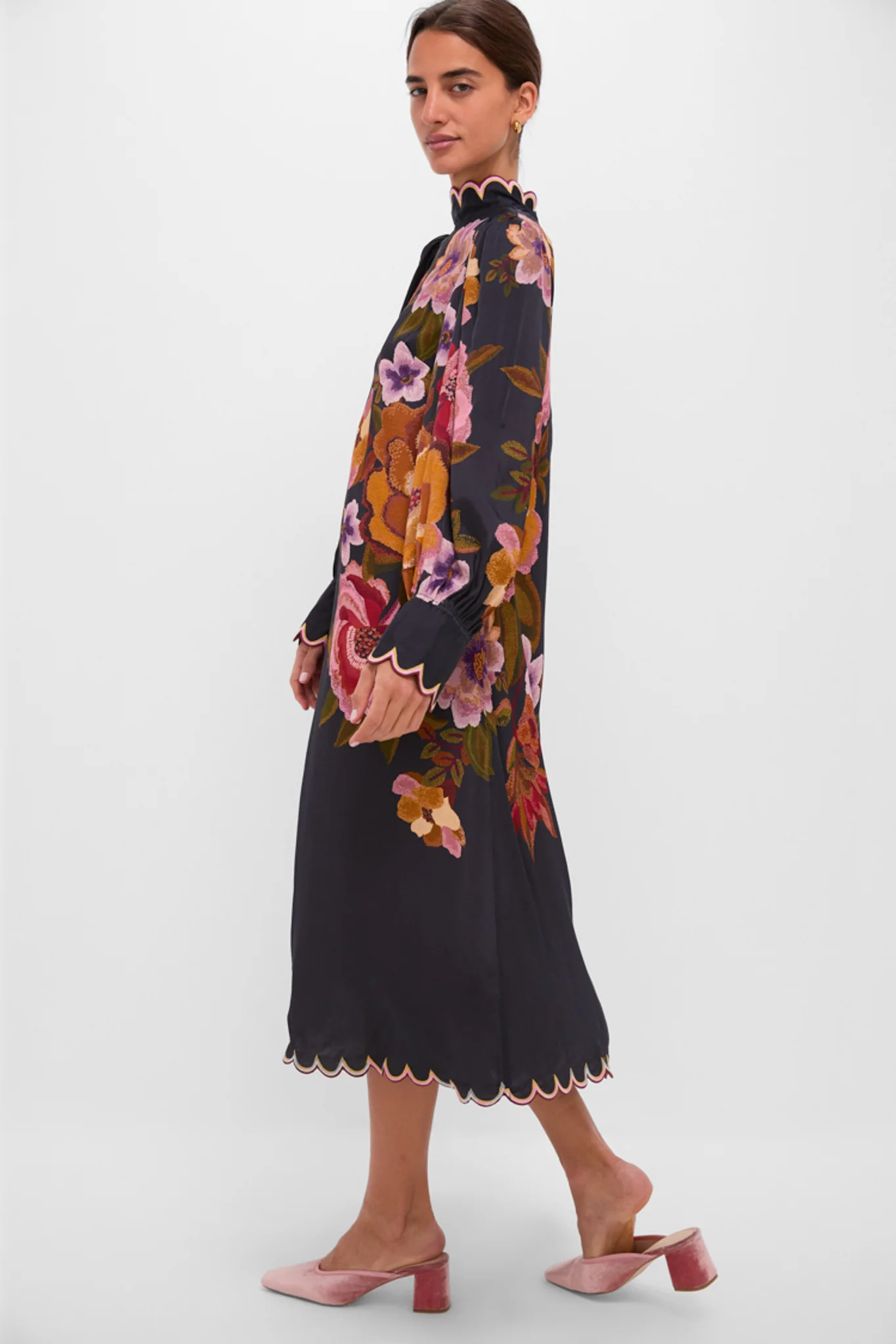 Black Chenille Flowers Midi Dress - Image 3