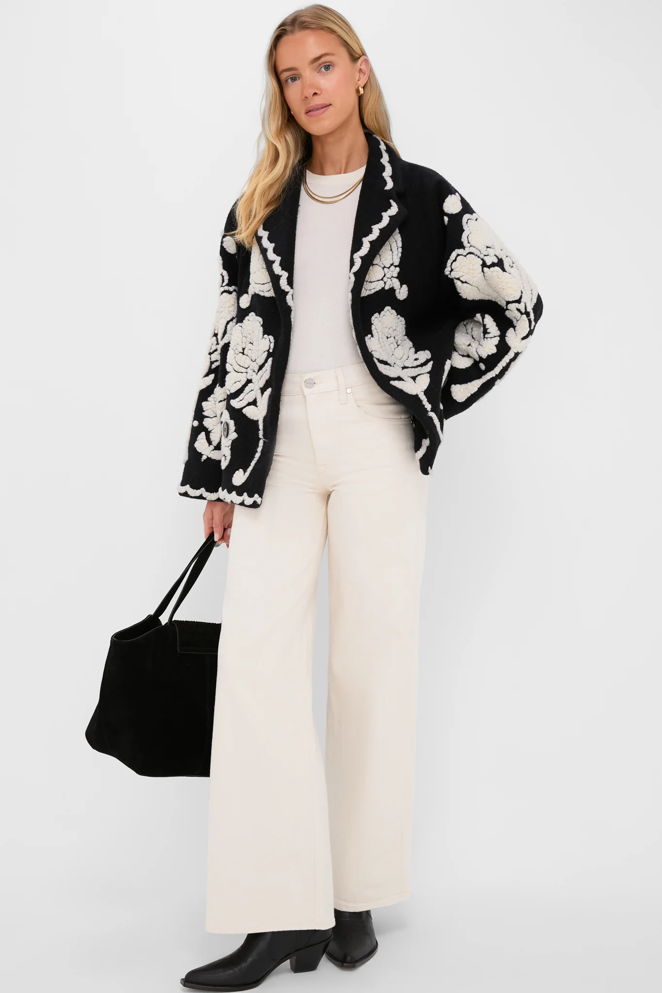 Black Cream Floral Arabesque Fleece Coat - Image 2