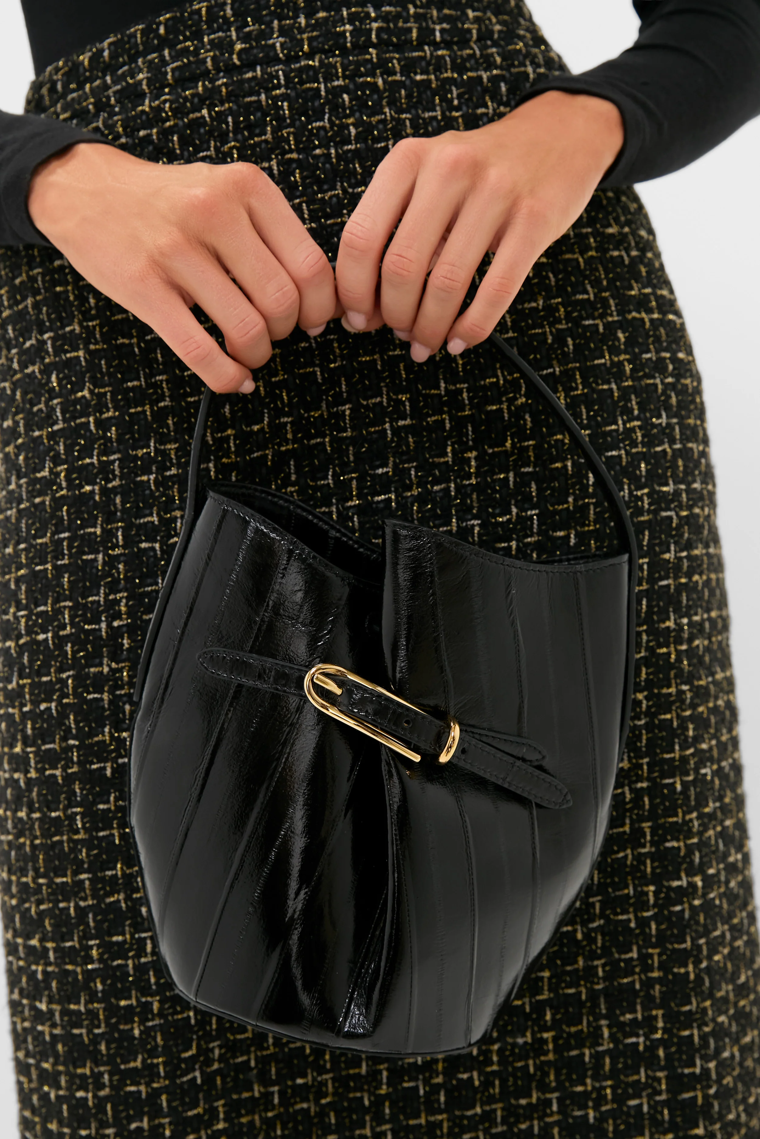 Black Eel Skin Mini Belted Bucket Bag - Image 2