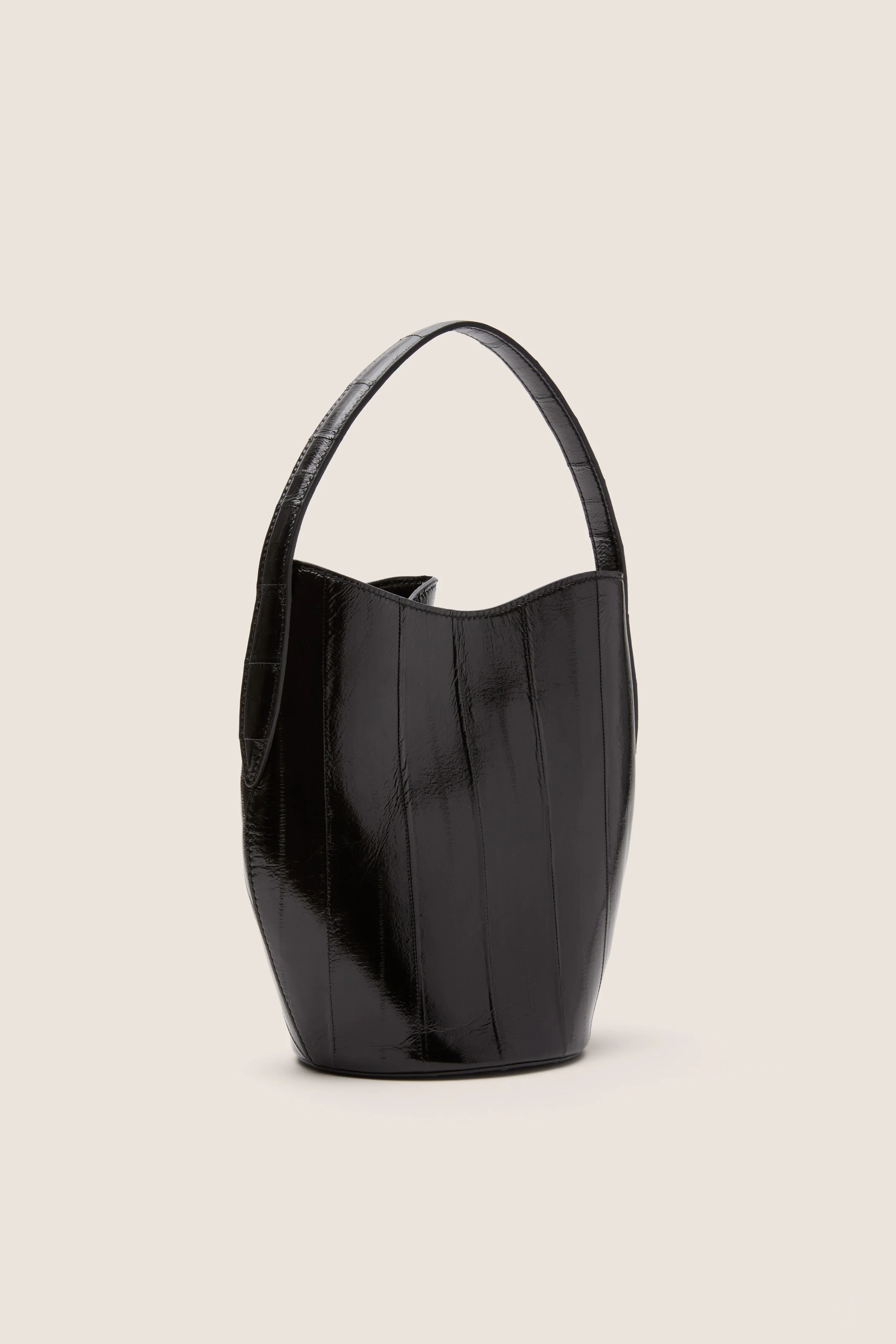 Black Eel Skin Mini Belted Bucket Bag - Image 4