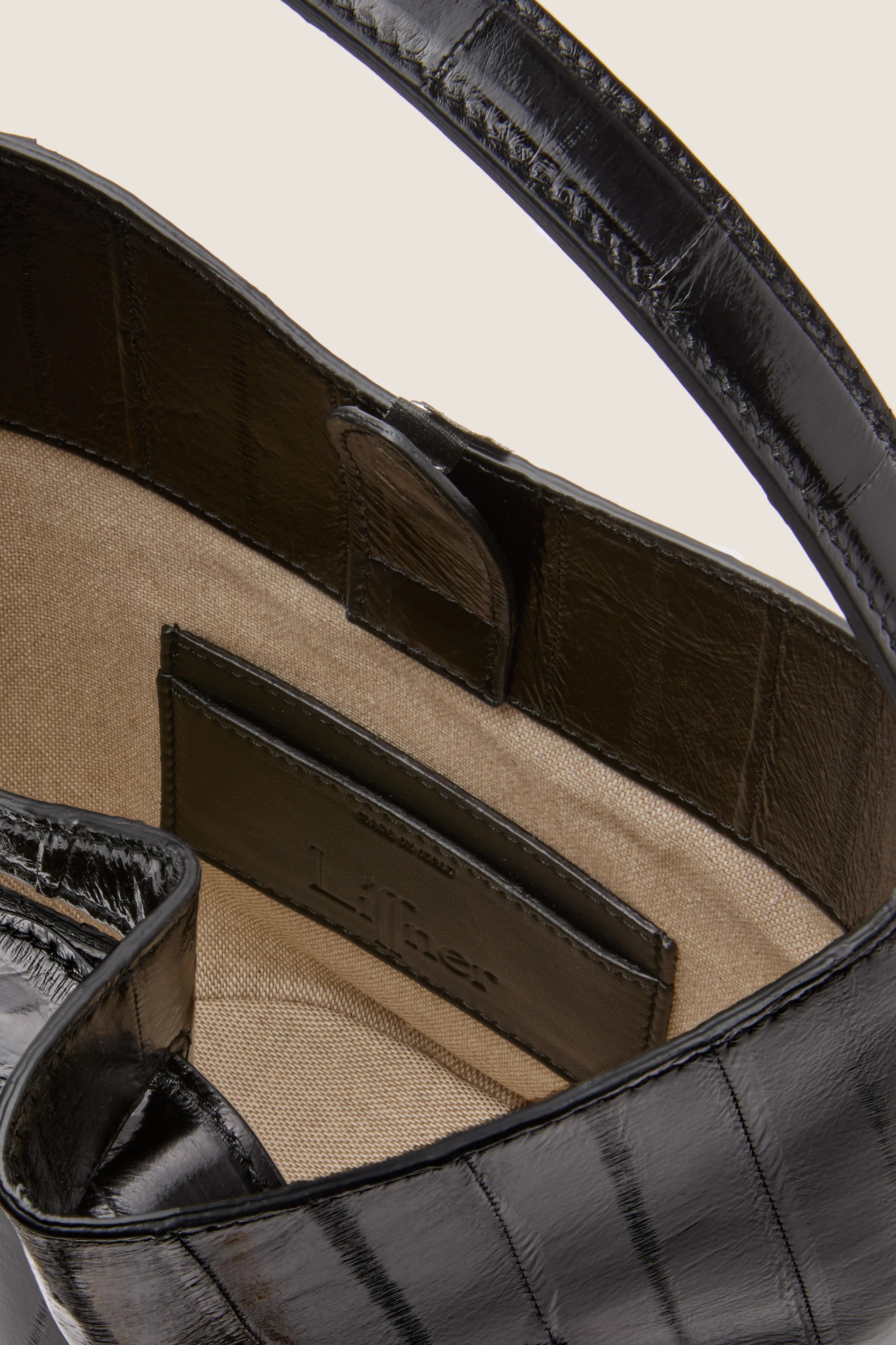 Black Eel Skin Mini Belted Bucket Bag - Image 5