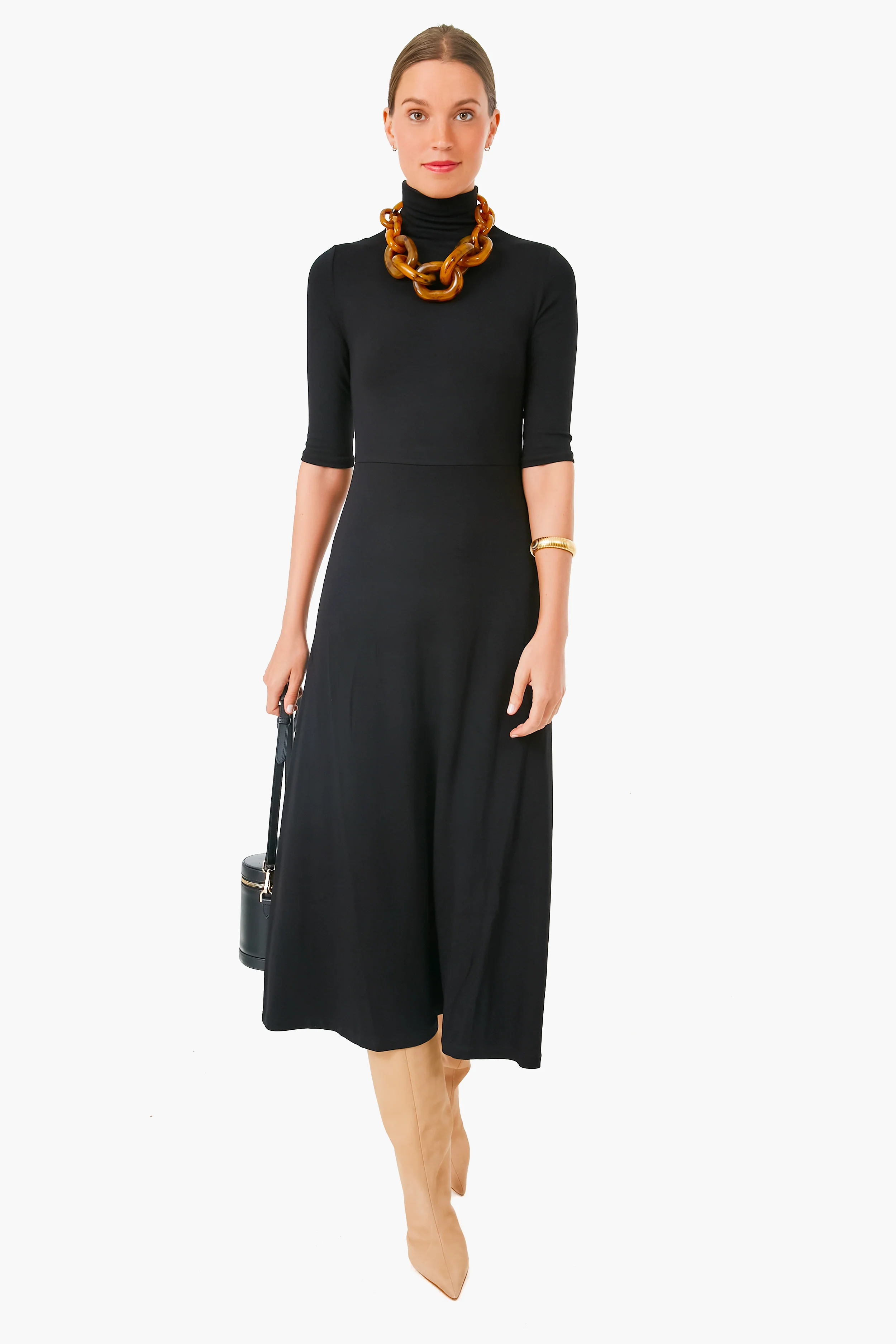 Black Elbow Sleeve Turtleneck Dress - Image 2