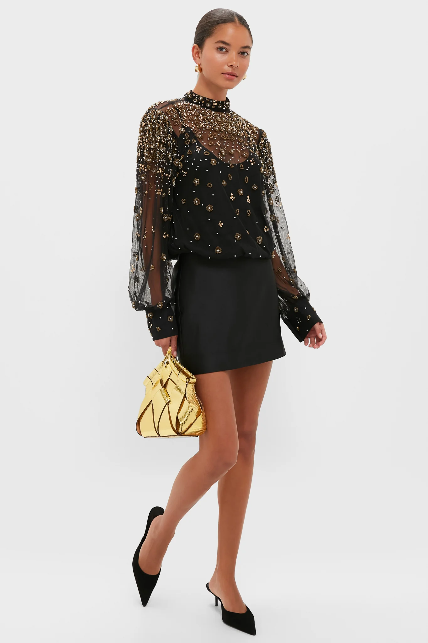 Black Embroidered Bubble Tulle Blouse - Image 2