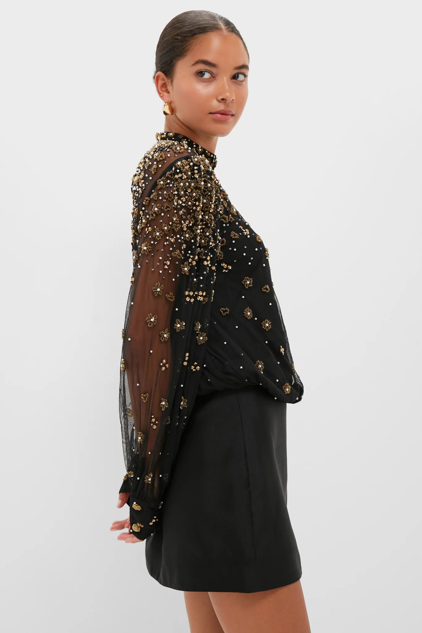 Black Embroidered Bubble Tulle Blouse - Image 3