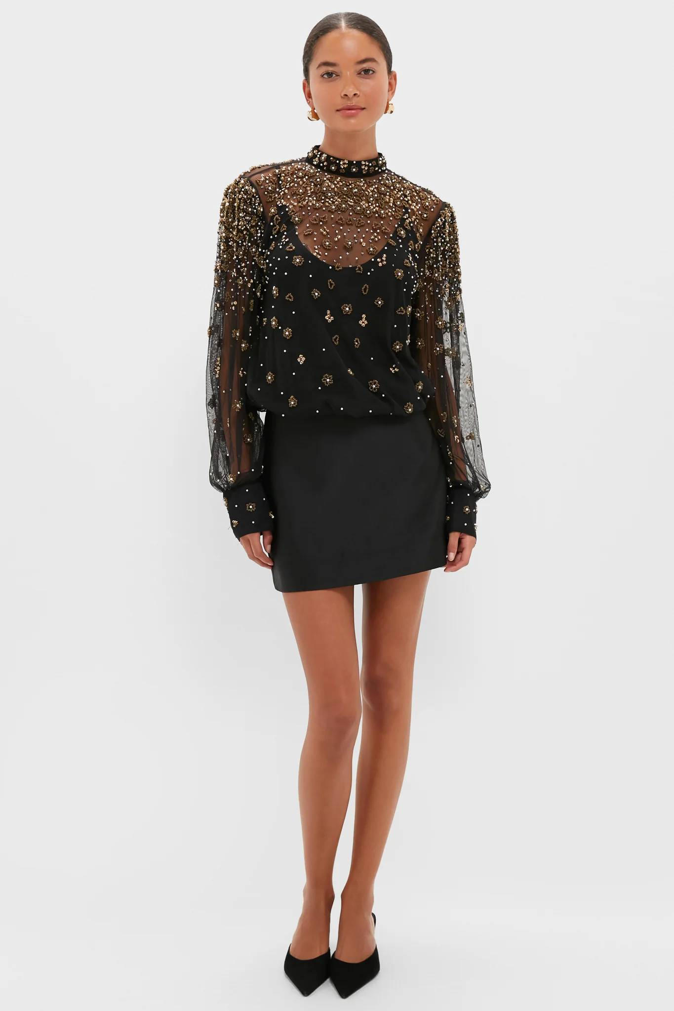 Black Embroidered Bubble Tulle Blouse - Image 6