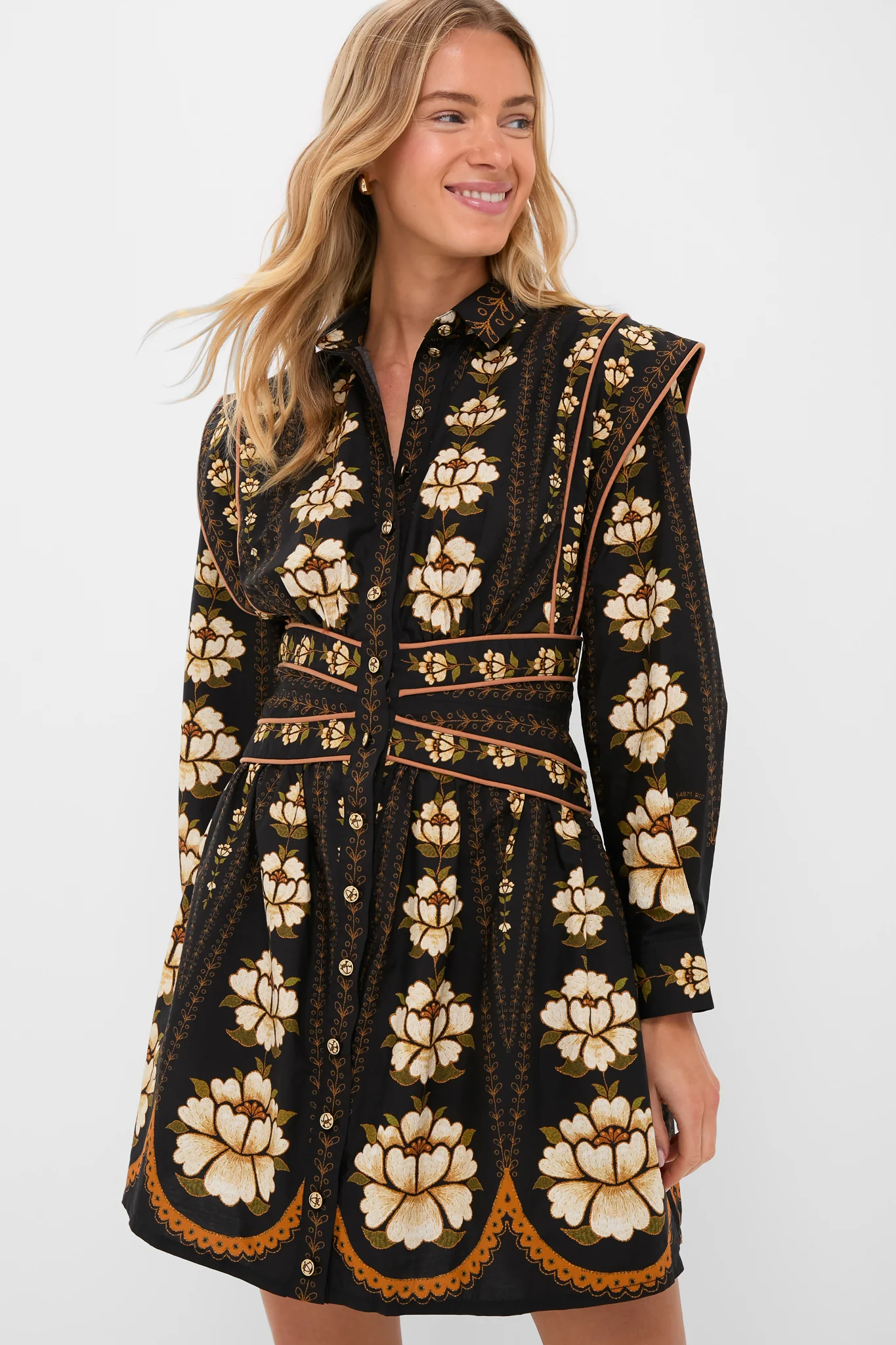 Black Embroidered Flowers Topstitching Long Sleeve Mini Dress