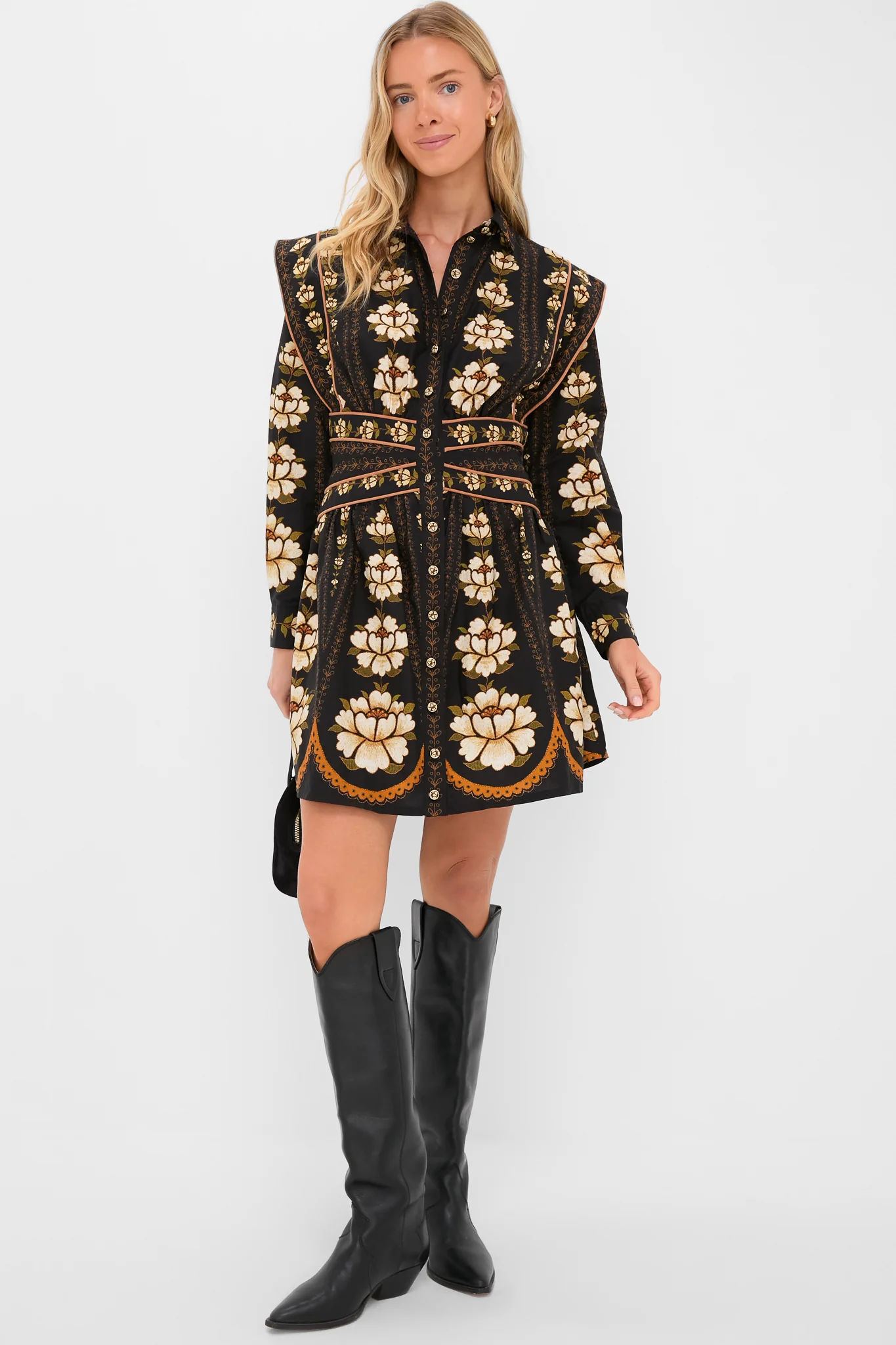 Black Embroidered Flowers Topstitching Long Sleeve Mini Dress - Image 2
