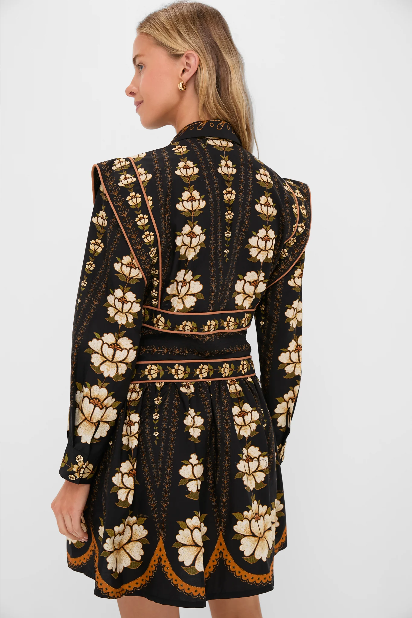 Black Embroidered Flowers Topstitching Long Sleeve Mini Dress - Image 3